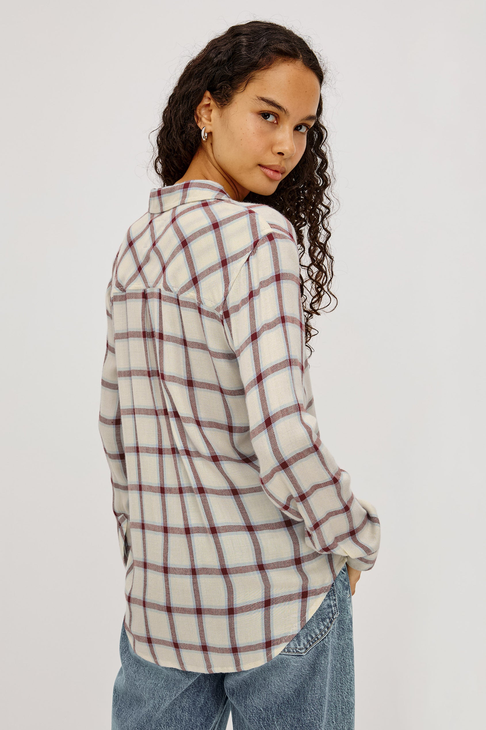 Hunter Button-Up Plaid Shirt in Signature Soft Rayon With Loose Twill Weave, With Collar and Long Sleeves in Ivory Cardinal Colorway - Upper Body Back View Featured on Model