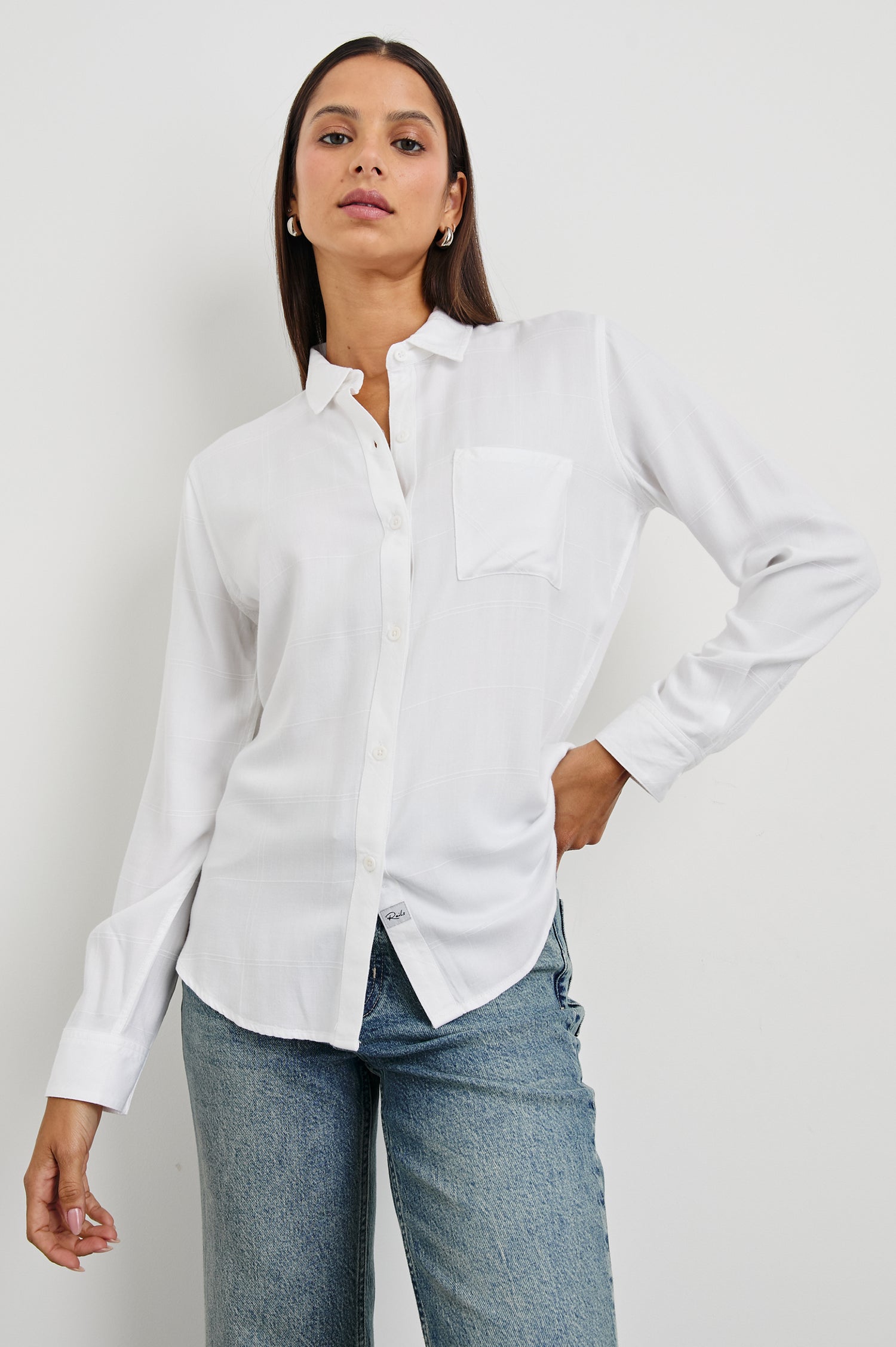 Hunter Long-Sleeve Button Up with a Chest Patch Pocket and Vertical and Horizontal Stitching in Ivory Check Colorway - Front View Featured on Model