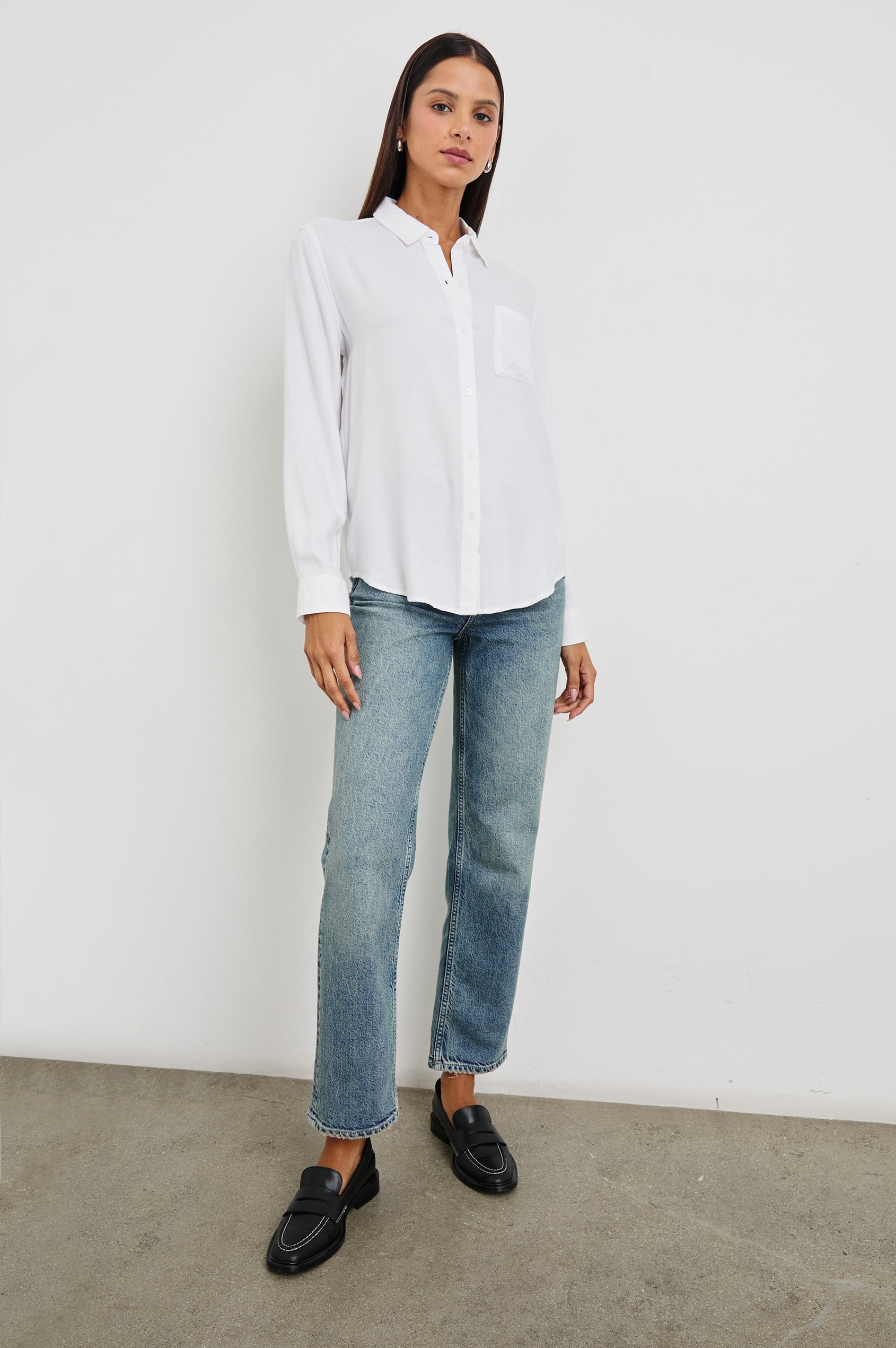 Hunter Long-Sleeve Button Up with a Chest Patch Pocket and Vertical and Horizontal Stitching in Ivory Check Colorway - Front Full Body View Featured on Model