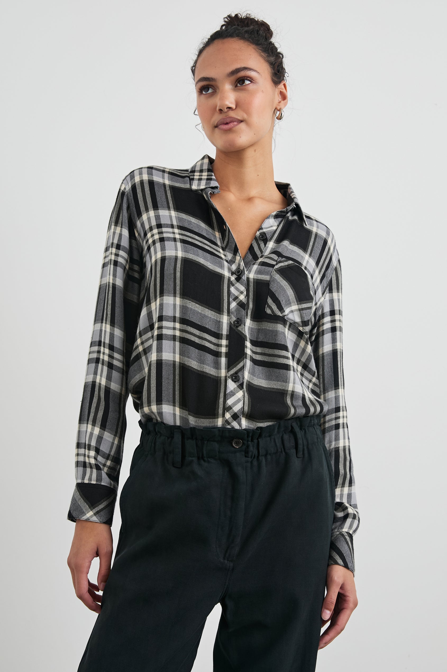 Hunter Long-Sleeve Button Up with a Chest Patch Pocket in Ivory Cloud Colorway, black and white plaid - Front Tucked View Featured on Model