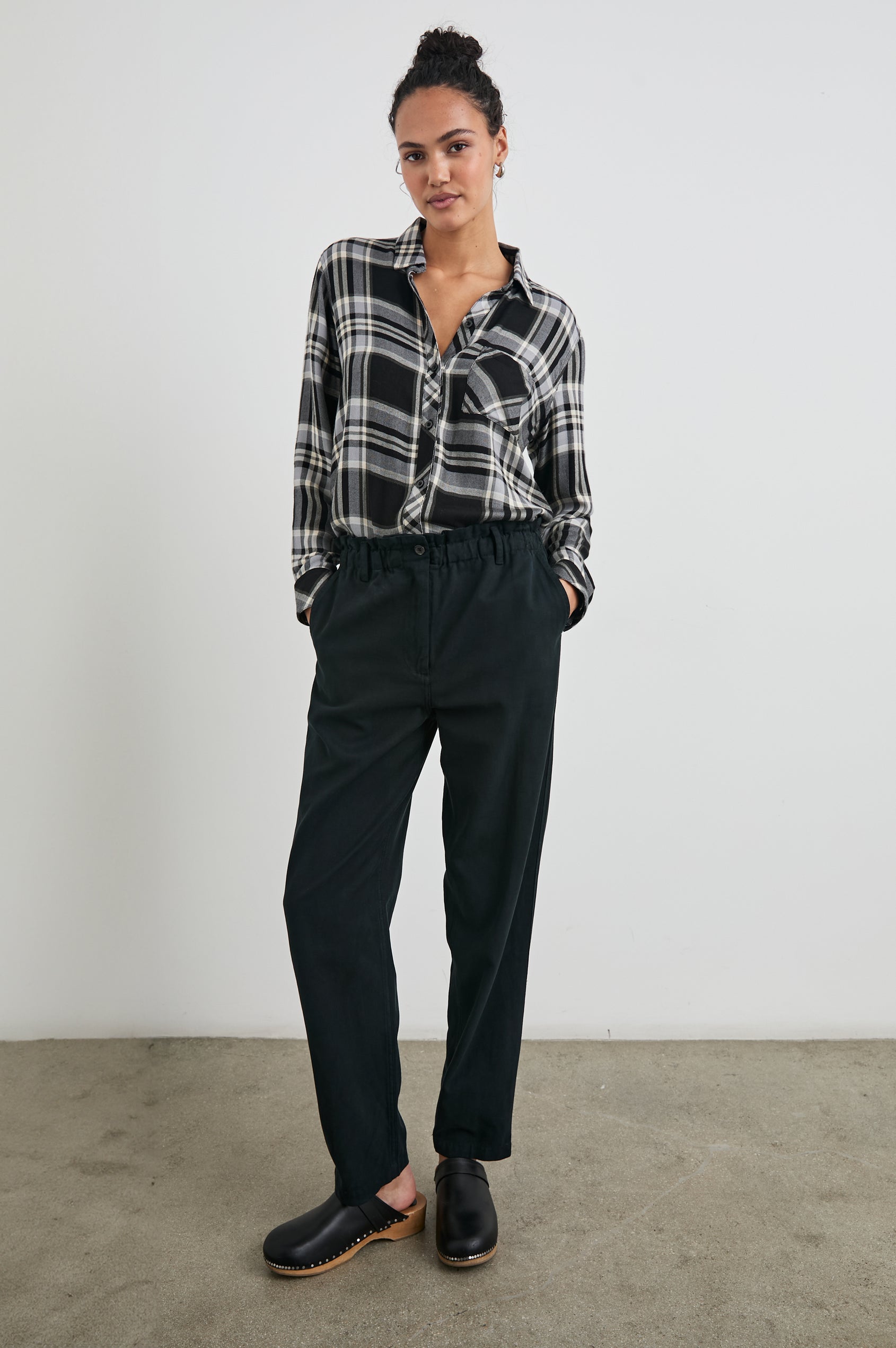 Hunter Long-Sleeve Button Up with a Chest Patch Pocket in Ivory Cloud Colorway, black and white plaid - Front Tucked Full Body View Featured on Model