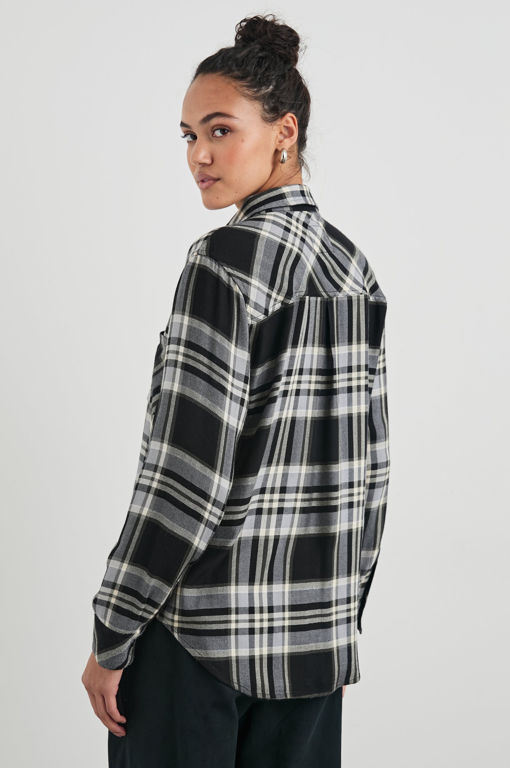 Hunter Long-Sleeve Button Up with a Chest Patch Pocket in Ivory Cloud Colorway, black and white plaid - Back View Featured on Model