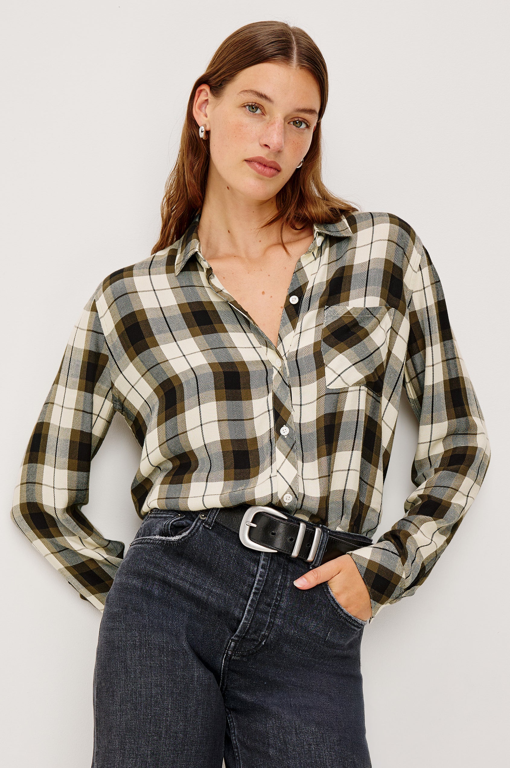 Hunter Long-Sleeve Button Up with a Chest Patch Pocket in Ivory Olive Ash Colorway, plaid - Front View Featured on Model