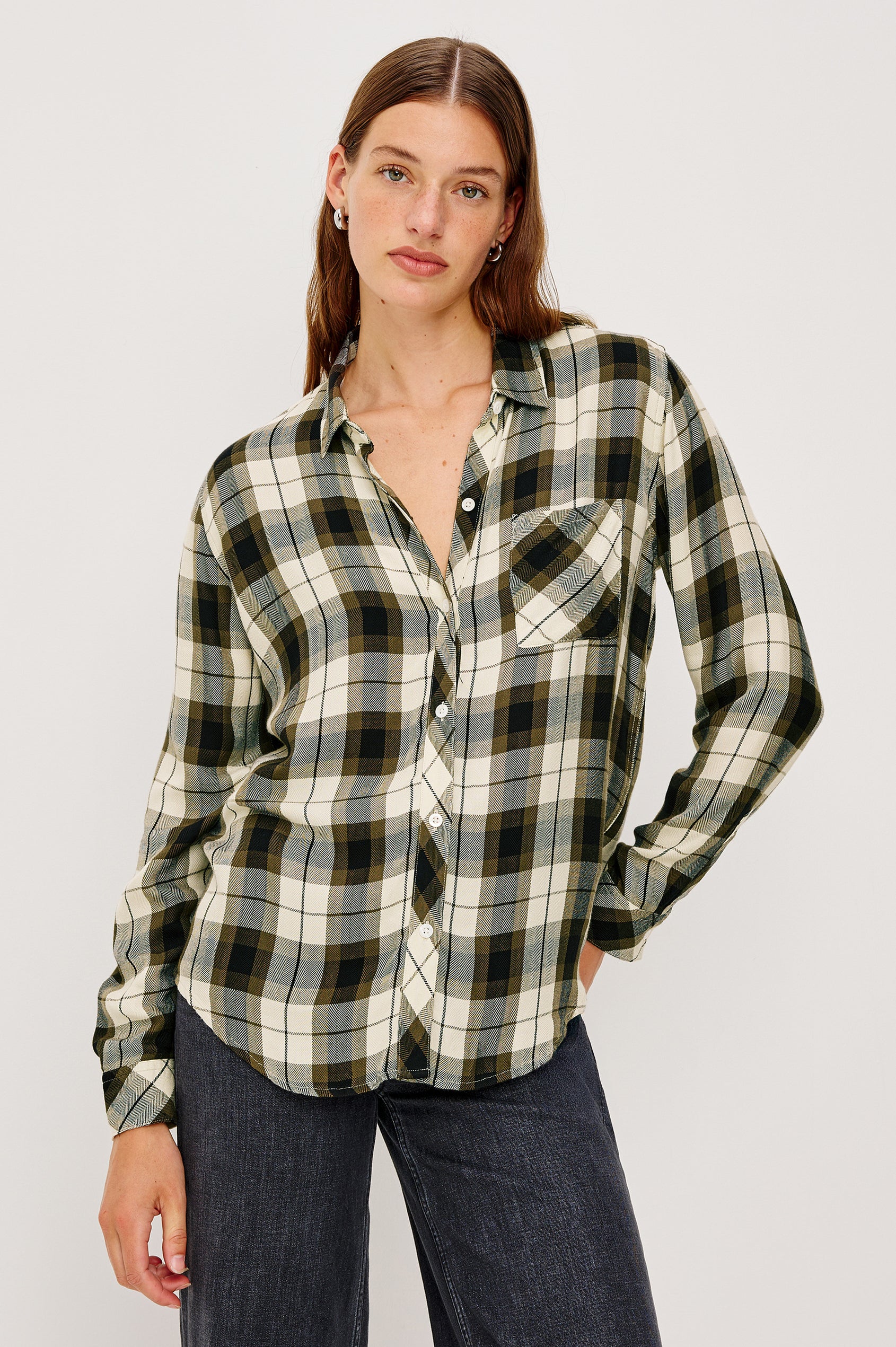 Hunter Long-Sleeve Button Up with a Chest Patch Pocket in Ivory Olive Ash Colorway, plaid - Front View Featured on Model