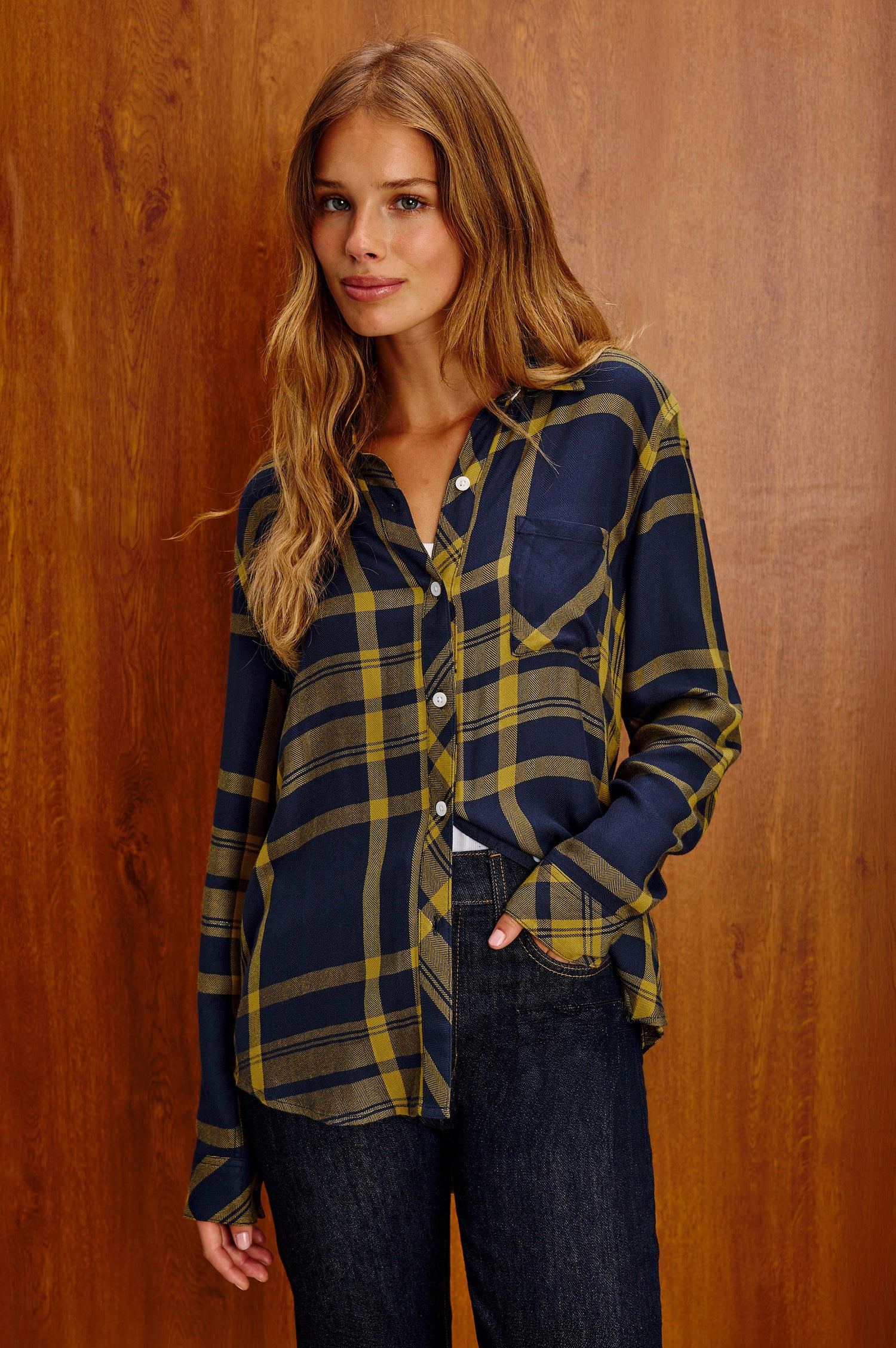 Hunter Plaid Button-Up Shirt in Signature Soft Rayon With Cashmere-Like Feel, Collar, Chest Patch Pocket, and Long Sleeves in Legacy Navy Colorway - Upper Body Side View Featured on Model