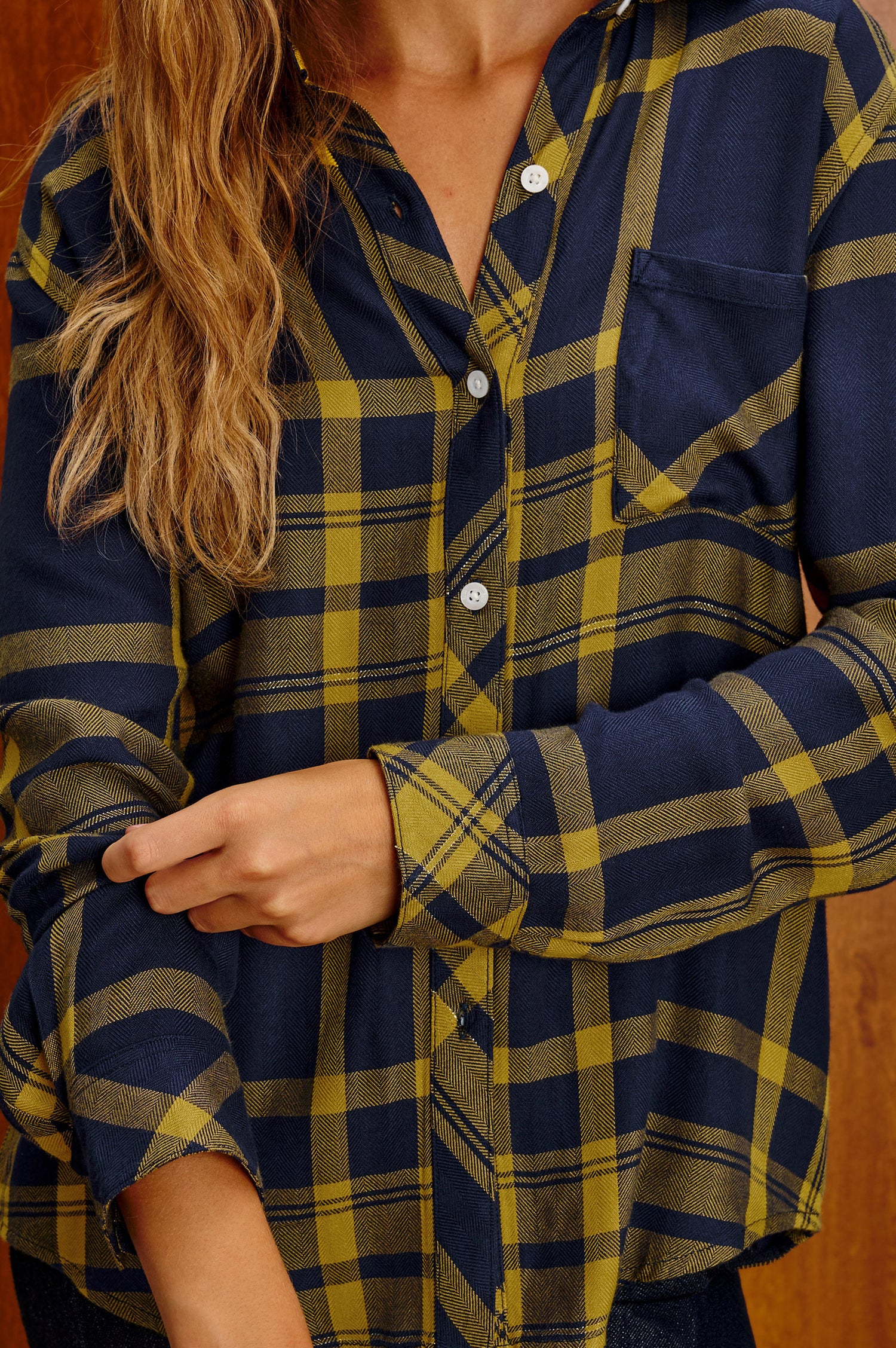 Hunter Plaid Button-Up Shirt in Signature Soft Rayon With Cashmere-Like Feel, Collar, Chest Patch Pocket, and Long Sleeves in Legacy Navy Colorway - Mid Body Front Close Up View Featured on Model