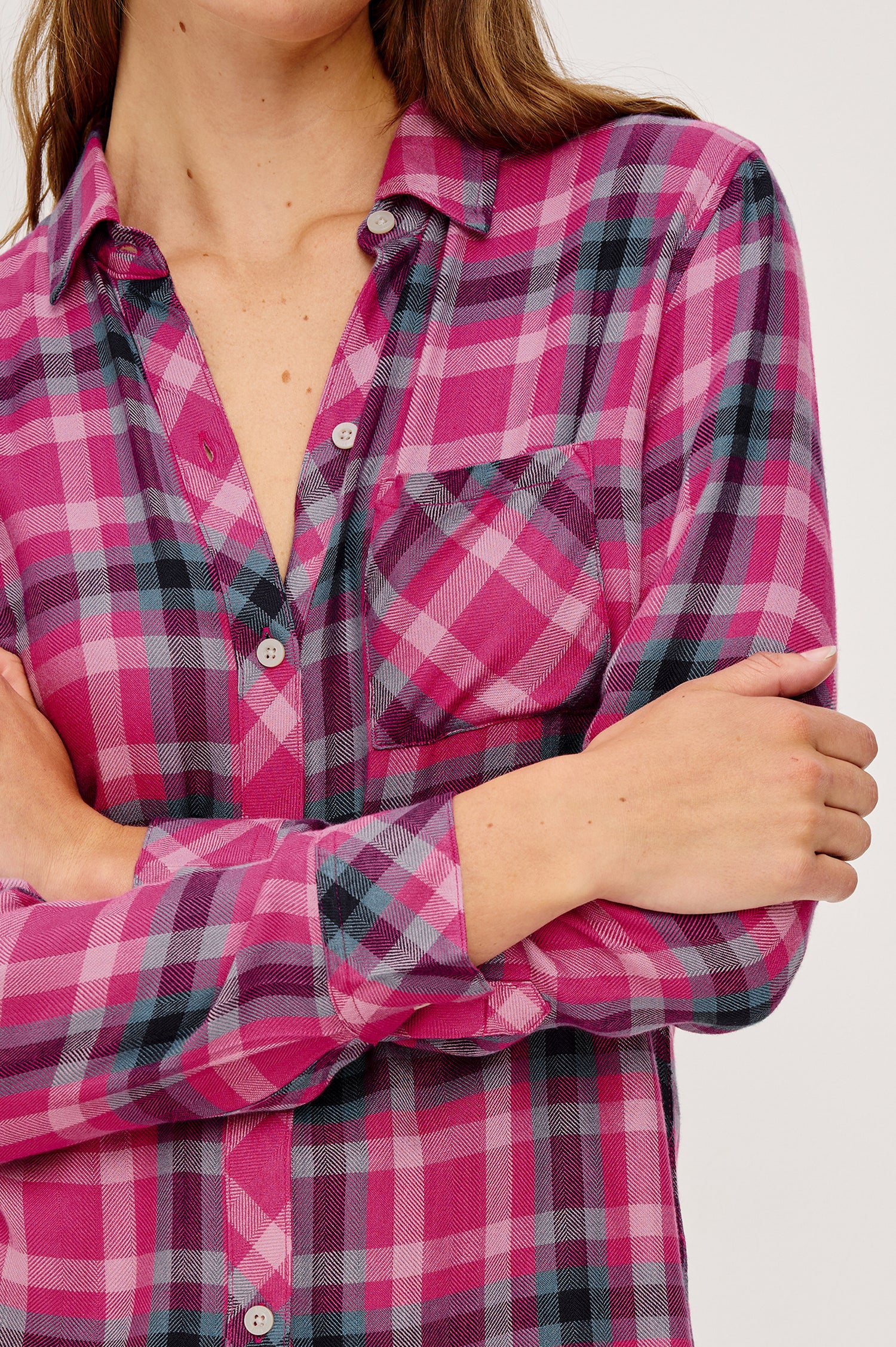 Hunter Long-Sleeve Button Up with a Chest Patch Pocket in Magenta Stone Blue Colorway, plaid  - Close up View Featured on Model
