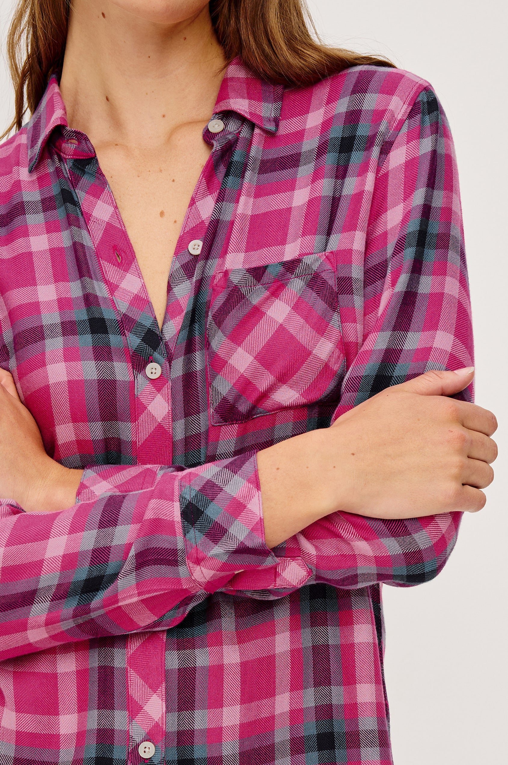 Hunter Long-Sleeve Button Up with a Chest Patch Pocket in Magenta Stone Blue Colorway, plaid  - Close up View Featured on Model