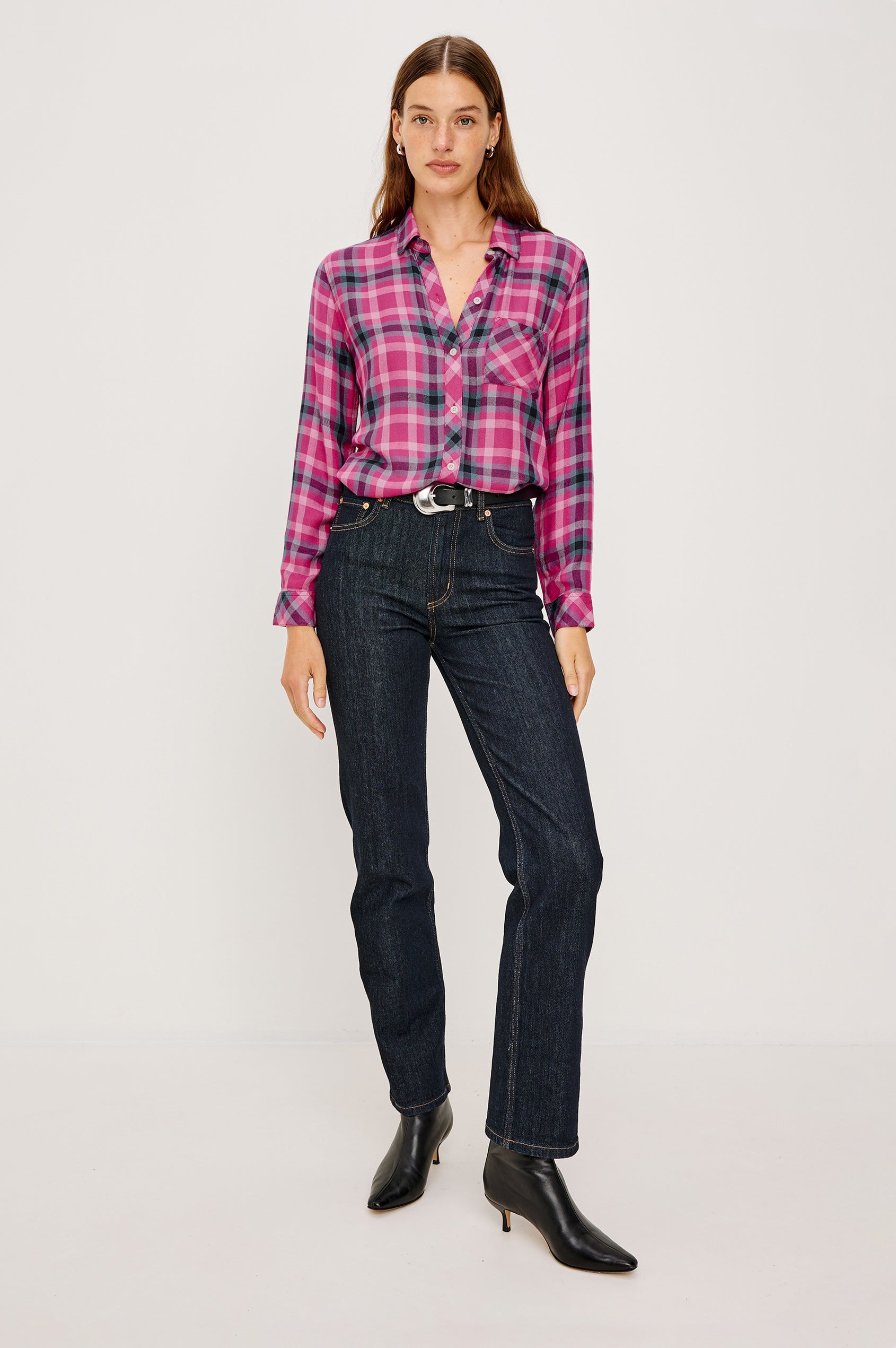 Hunter Long-Sleeve Button Up with a Chest Patch Pocket in Magenta Stone Blue Colorway, plaid  - Full Body Front Tucked View Featured on Model