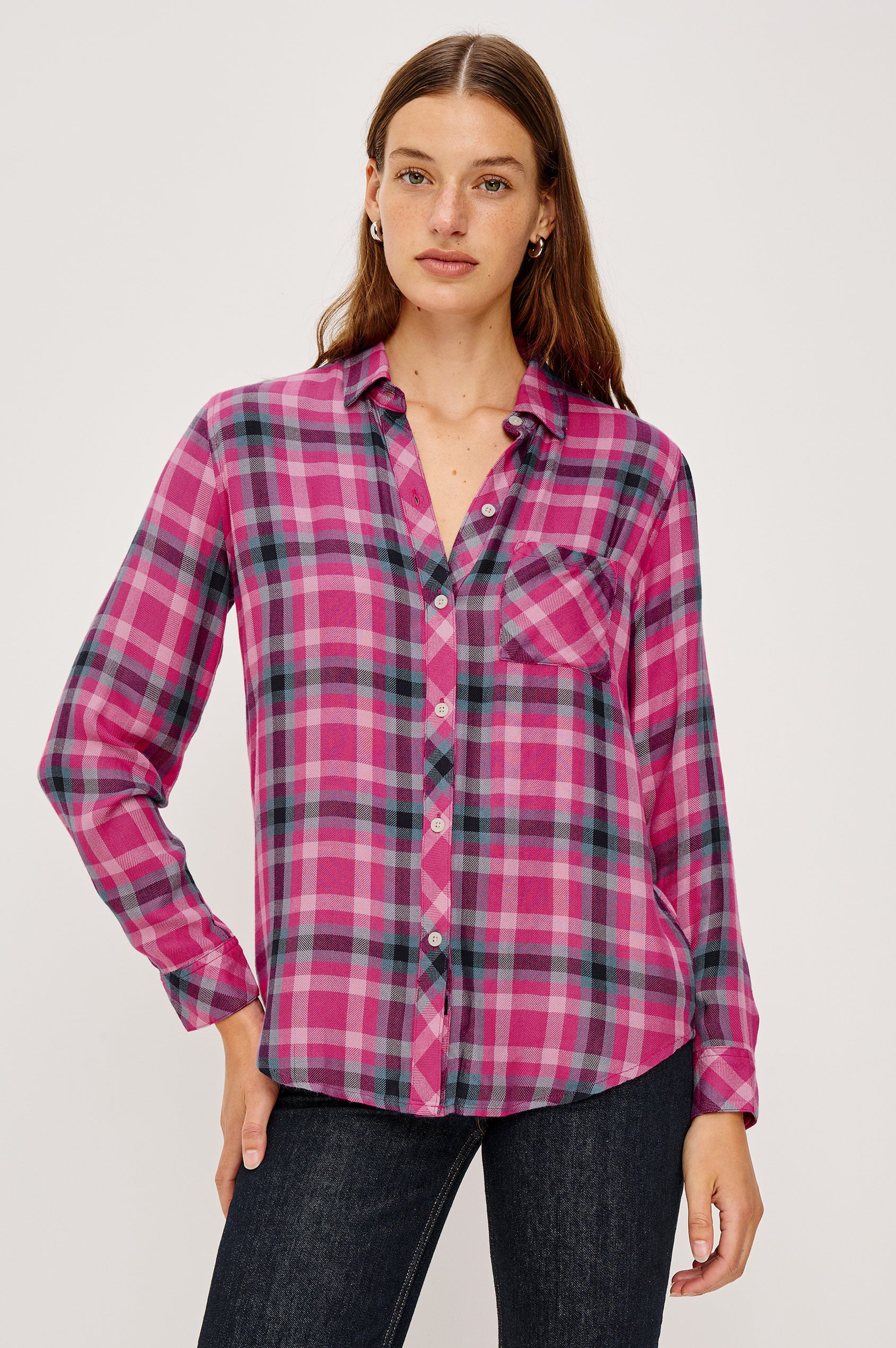 Hunter Long-Sleeve Button Up with a Chest Patch Pocket in Magenta Stone Blue Colorway, plaid  - Front Untucked View Featured on Model