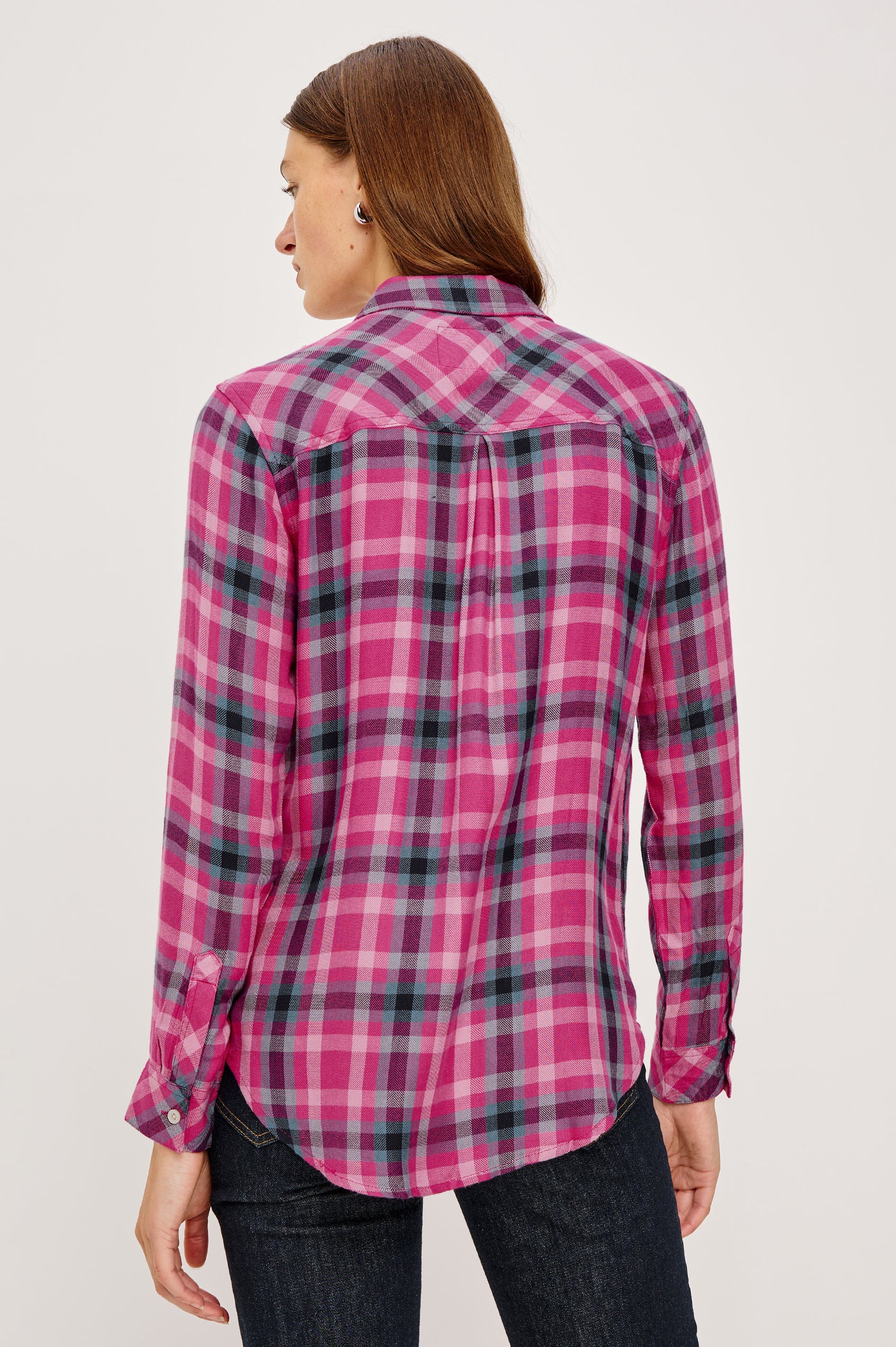 Hunter Long-Sleeve Button Up with a Chest Patch Pocket in Magenta Stone Blue Colorway, plaid  - Back View Featured on Model