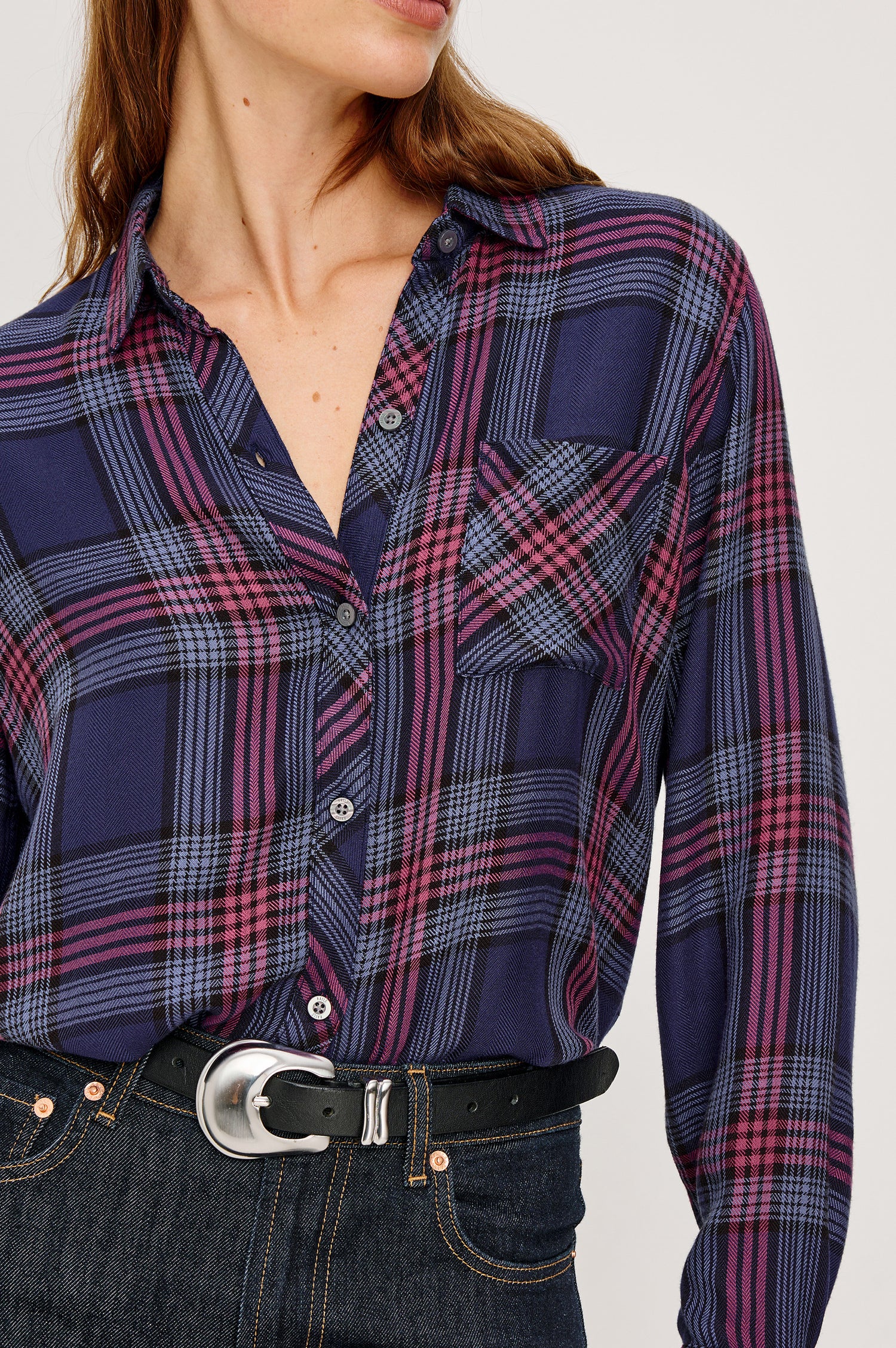 Hunter Long-Sleeve Button Up with a Chest Patch Pocket in Navy Rose Astor Colorway, plaid  - Close up View Featured on Model