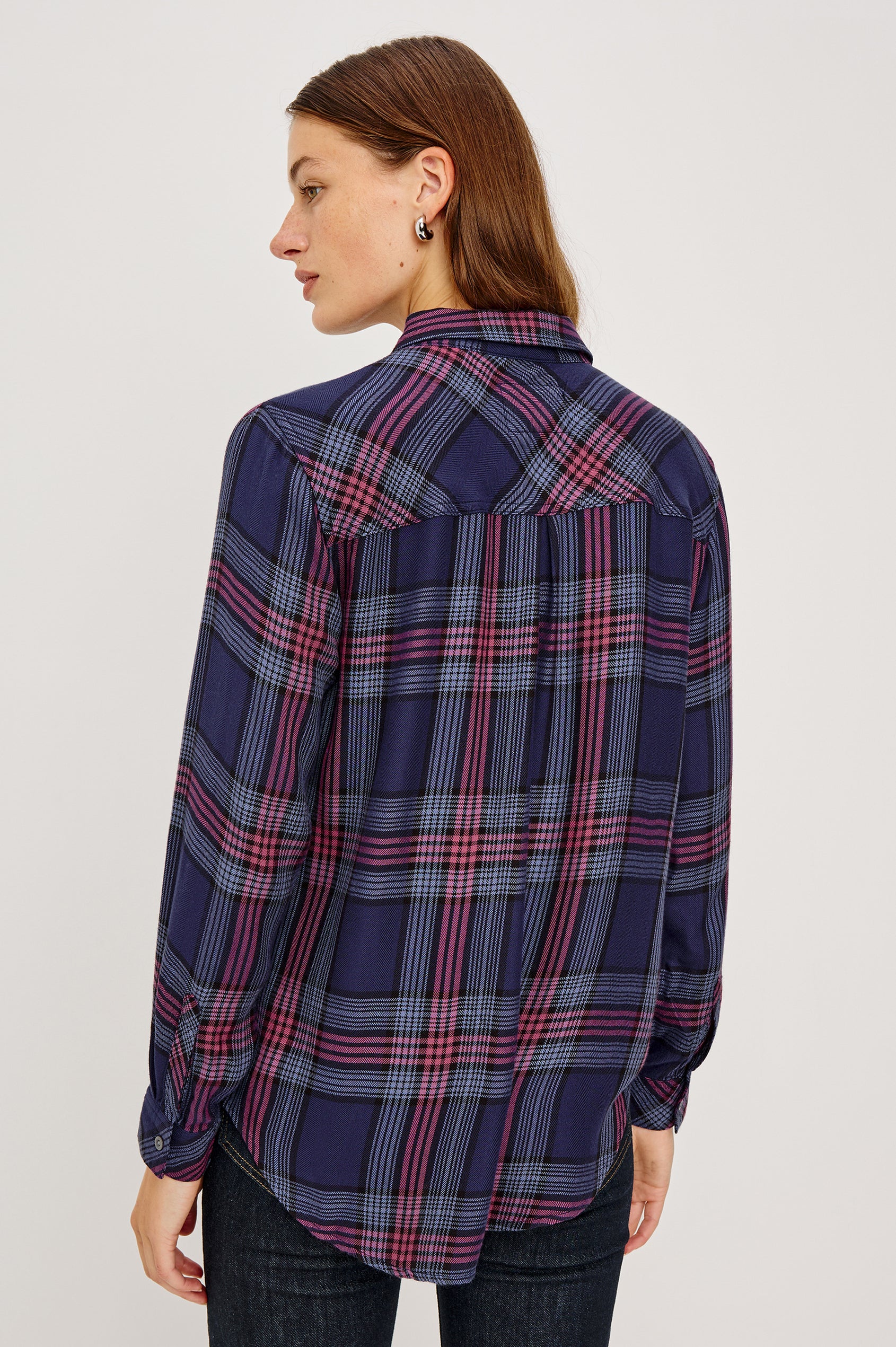 Hunter Long-Sleeve Button Up with a Chest Patch Pocket in Navy Rose Astor Colorway, plaid  - Back View Featured on Model