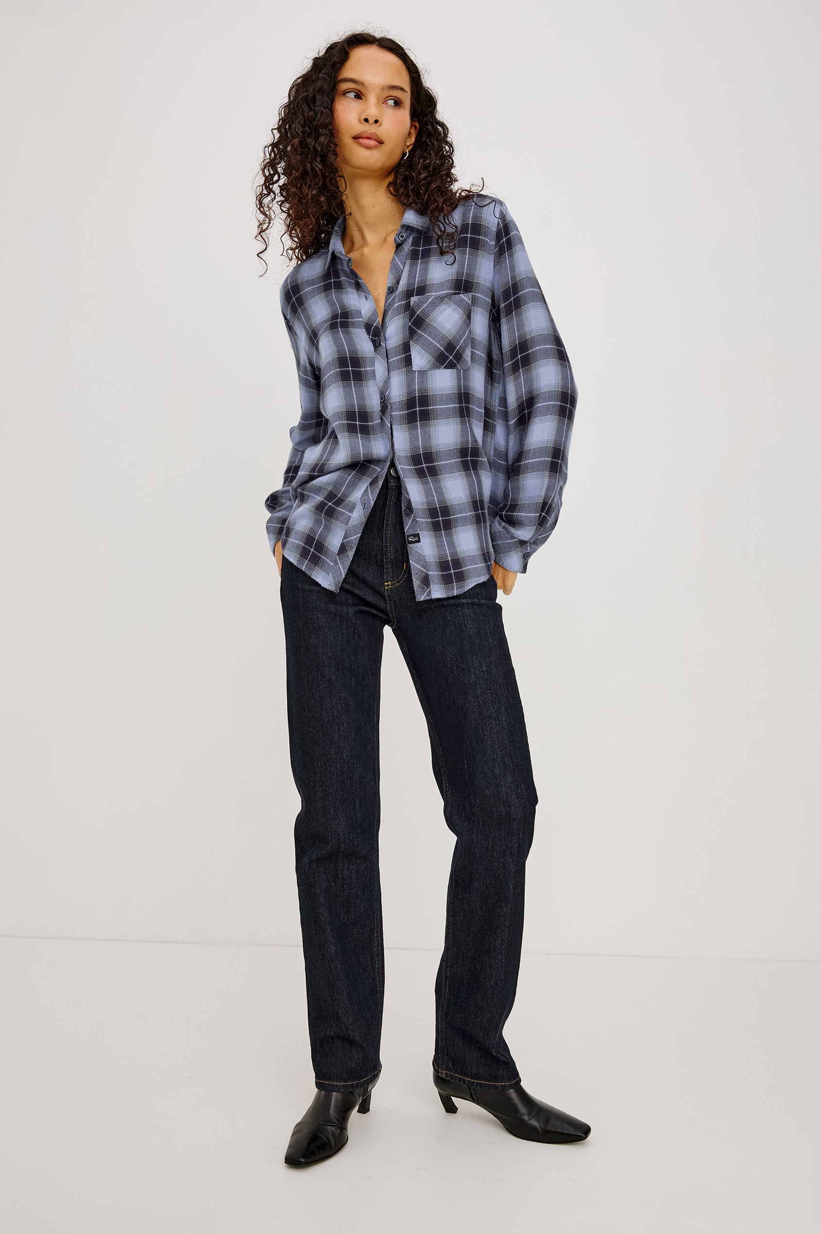 Hunter Button-Up Plaid Shirt in Signature Soft Rayon With Loose Twill Weave, With Collar and Long Sleeves in Navy Sky Colorway - Full Body Front View Featured on Model