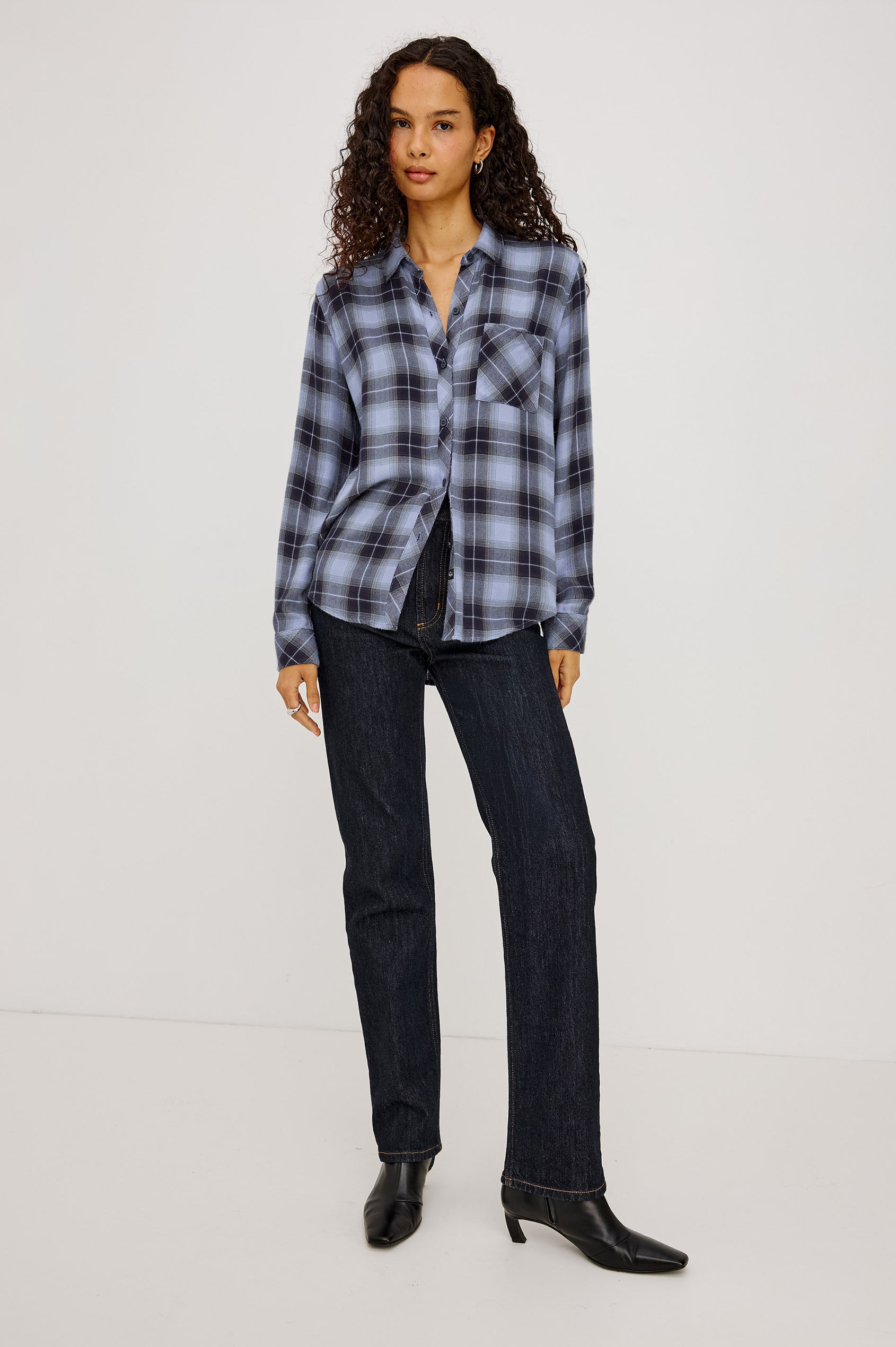 Hunter Button-Up Plaid Shirt in Signature Soft Rayon With Loose Twill Weave, With Collar and Long Sleeves in Navy Sky Colorway - Full Body Front View Featured on Model