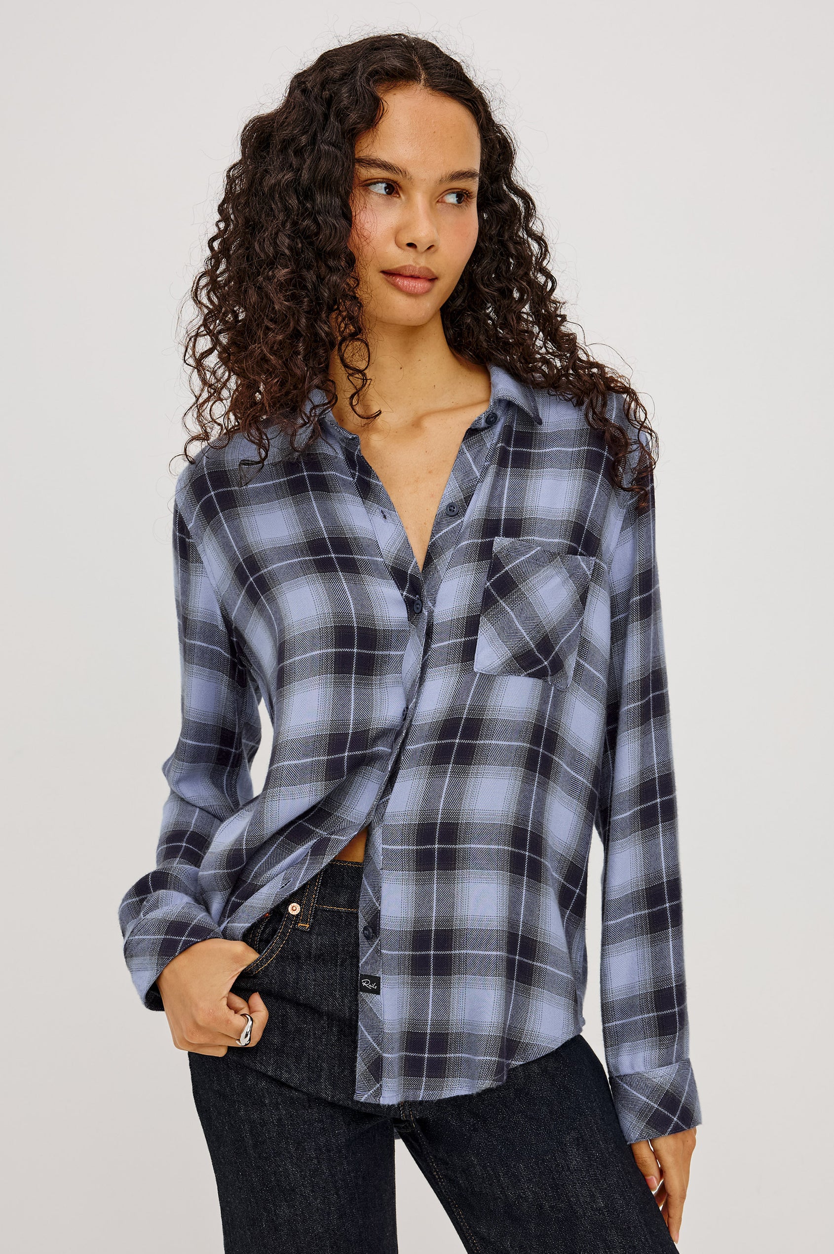 Hunter Button-Up Plaid Shirt in Signature Soft Rayon With Loose Twill Weave, With Collar and Long Sleeves in Navy Sky Colorway - Upper Body Front View Featured on Model