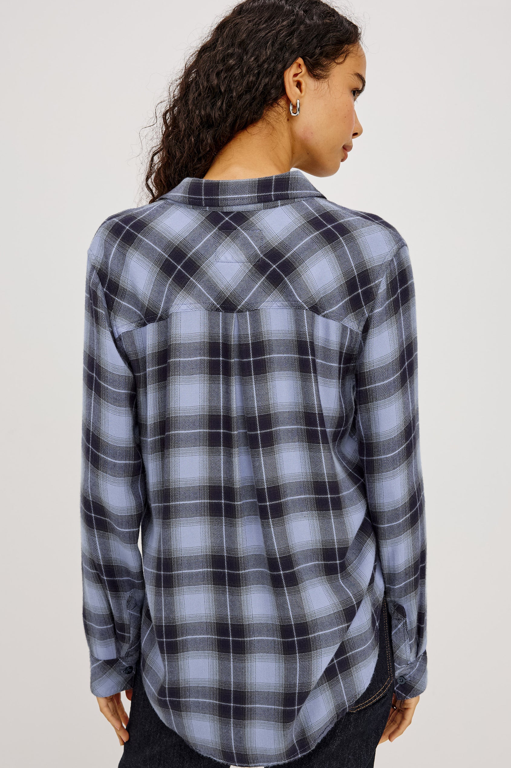 Hunter Button-Up Plaid Shirt in Signature Soft Rayon With Loose Twill Weave, With Collar and Long Sleeves in Navy Sky Colorway - Upper Body Back View Featured on Model