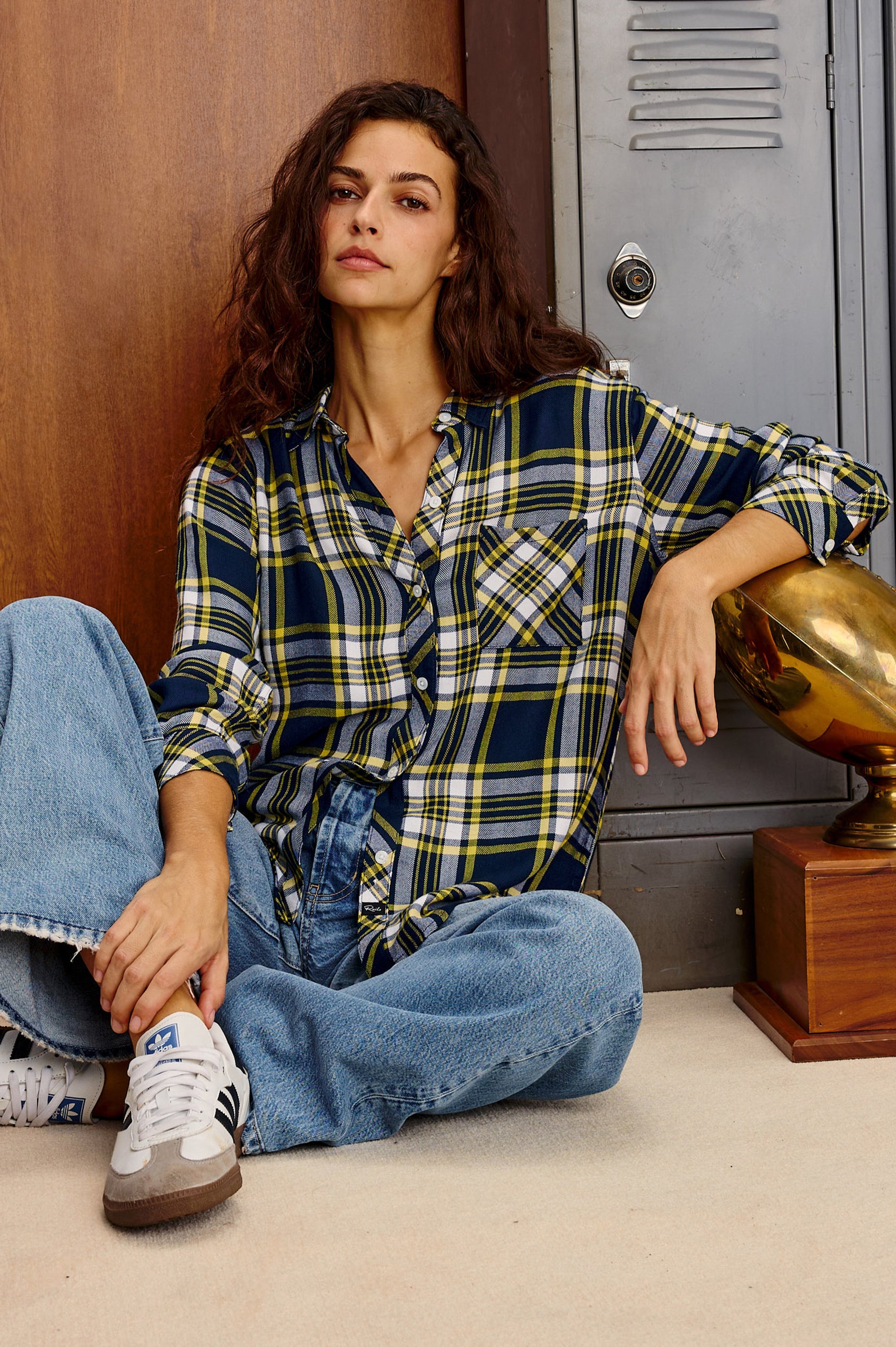 Hunter Plaid Button-Up Shirt in Signature Soft Rayon With Cashmere-Like Feel, Collar, Chest Patch Pocket, and Long Sleeves in Next Play Navy Colorway - Full Body Front View Featured on Model