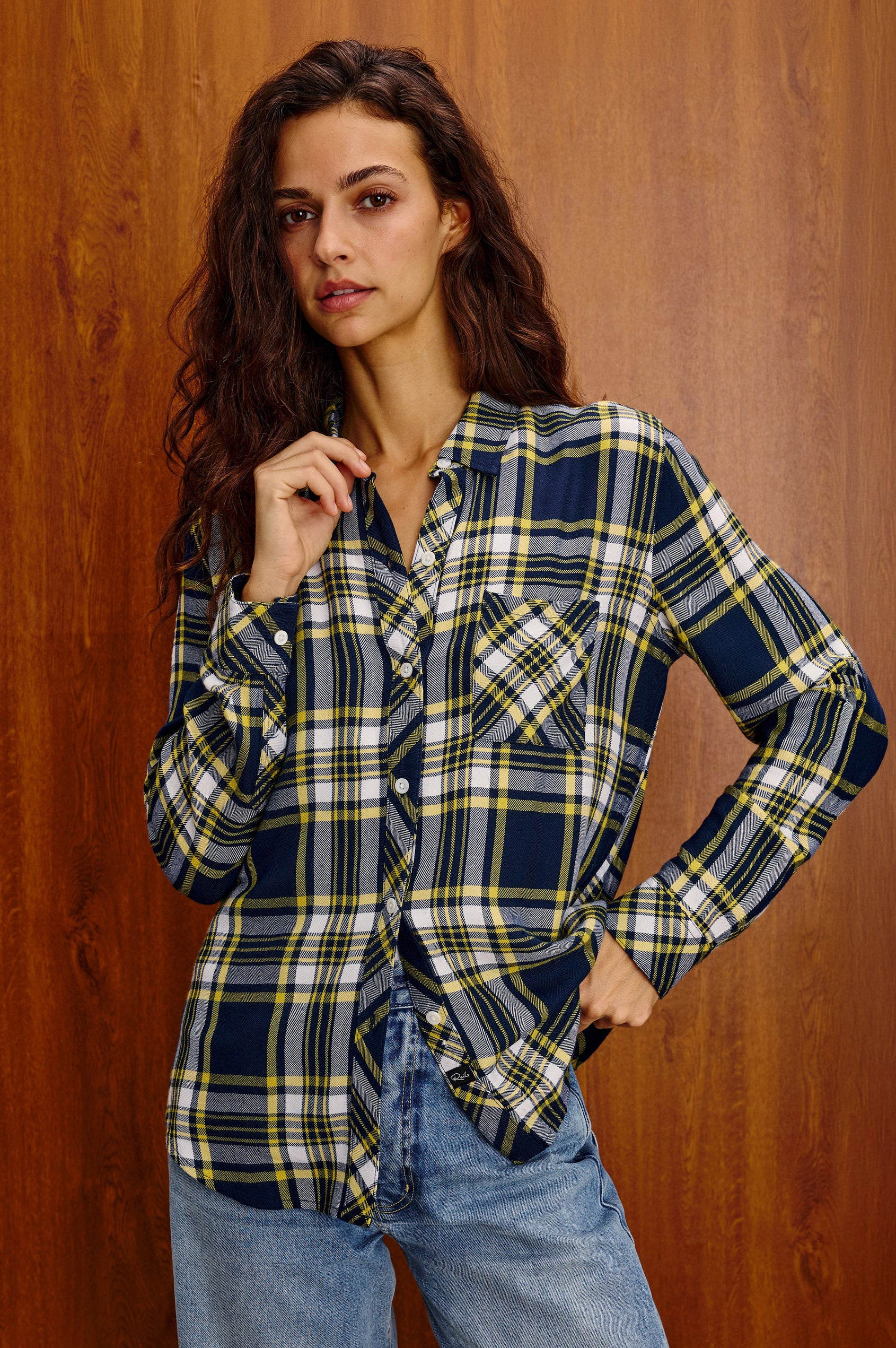 Hunter Plaid Button-Up Shirt in Signature Soft Rayon With Cashmere-Like Feel, Collar, Chest Patch Pocket, and Long Sleeves in Next Play Navy Colorway - Upper Body Front View Featured on Model