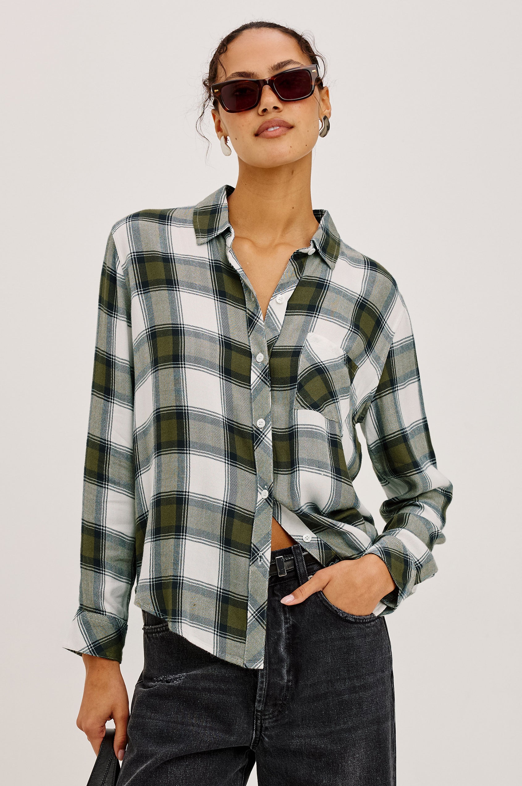 Hunter Button-Up Plaid Shirt in Signature Soft Rayon With Loose Twill Weave, With Collar and Long Sleeves in Olive Ivory Colorway - Upper Body Front View Featured on Model