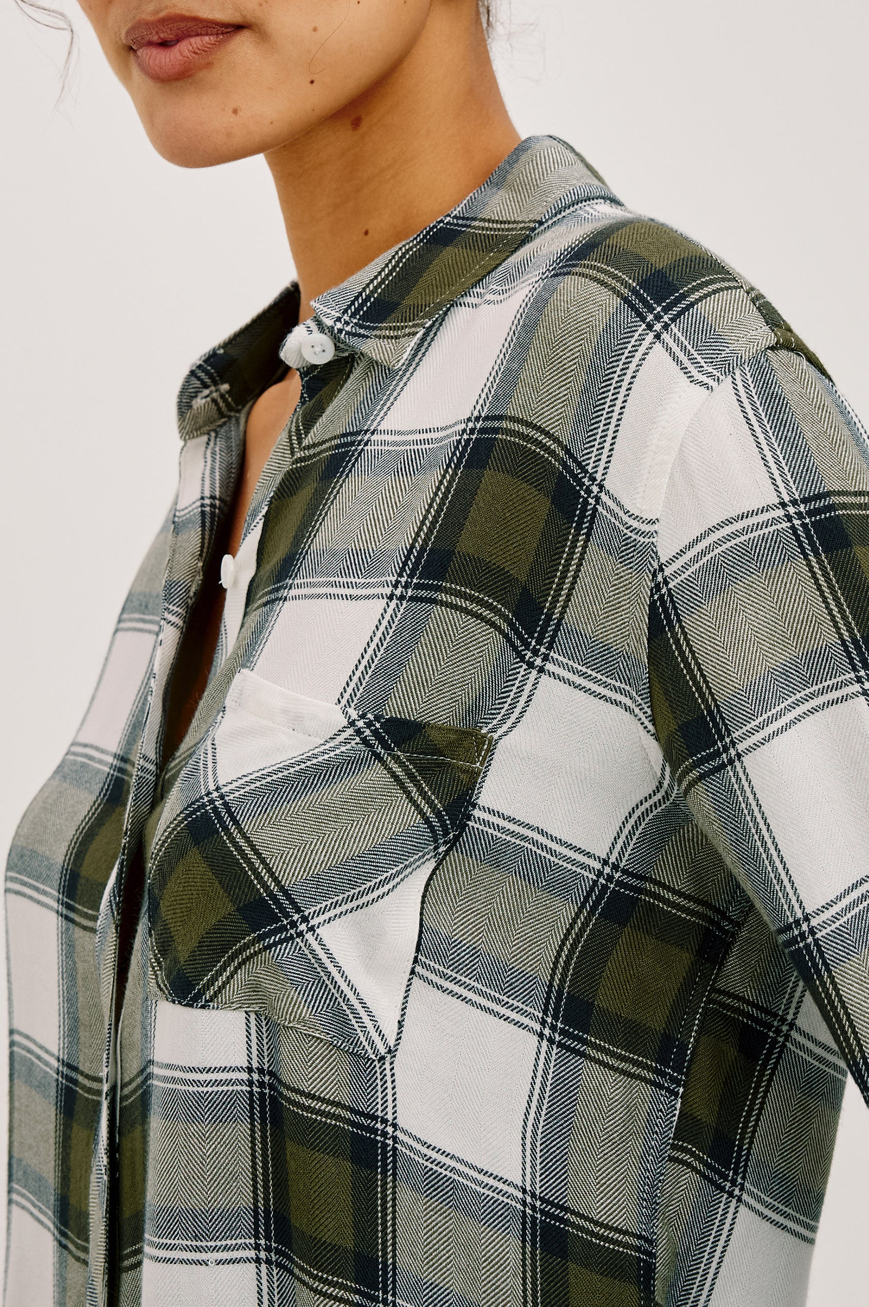 Hunter Button-Up Plaid Shirt in Signature Soft Rayon With Loose Twill Weave, With Collar and Long Sleeves in Olive Ivory Colorway - Upper Body Front View Featured on Model