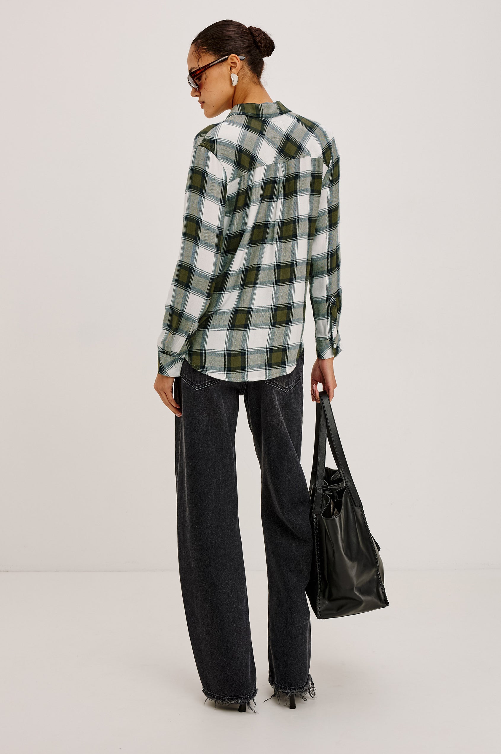 Hunter Button-Up Plaid Shirt in Signature Soft Rayon With Loose Twill Weave, With Collar and Long Sleeves in Olive Ivory Colorway - Full Body Back View Featured on Model