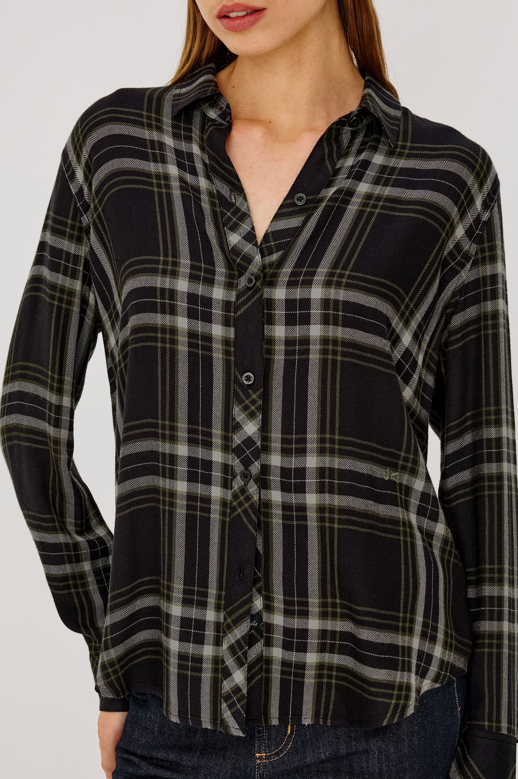 Hunter Button-Up Shirt in Signature Rayon with a Soft Cashmere Feel, Collar, Front Buttons, Chest Patch Pocket, and Long Sleeves in Iron Sky Colorway – Upper Body Front Close Up View Featured on Model
