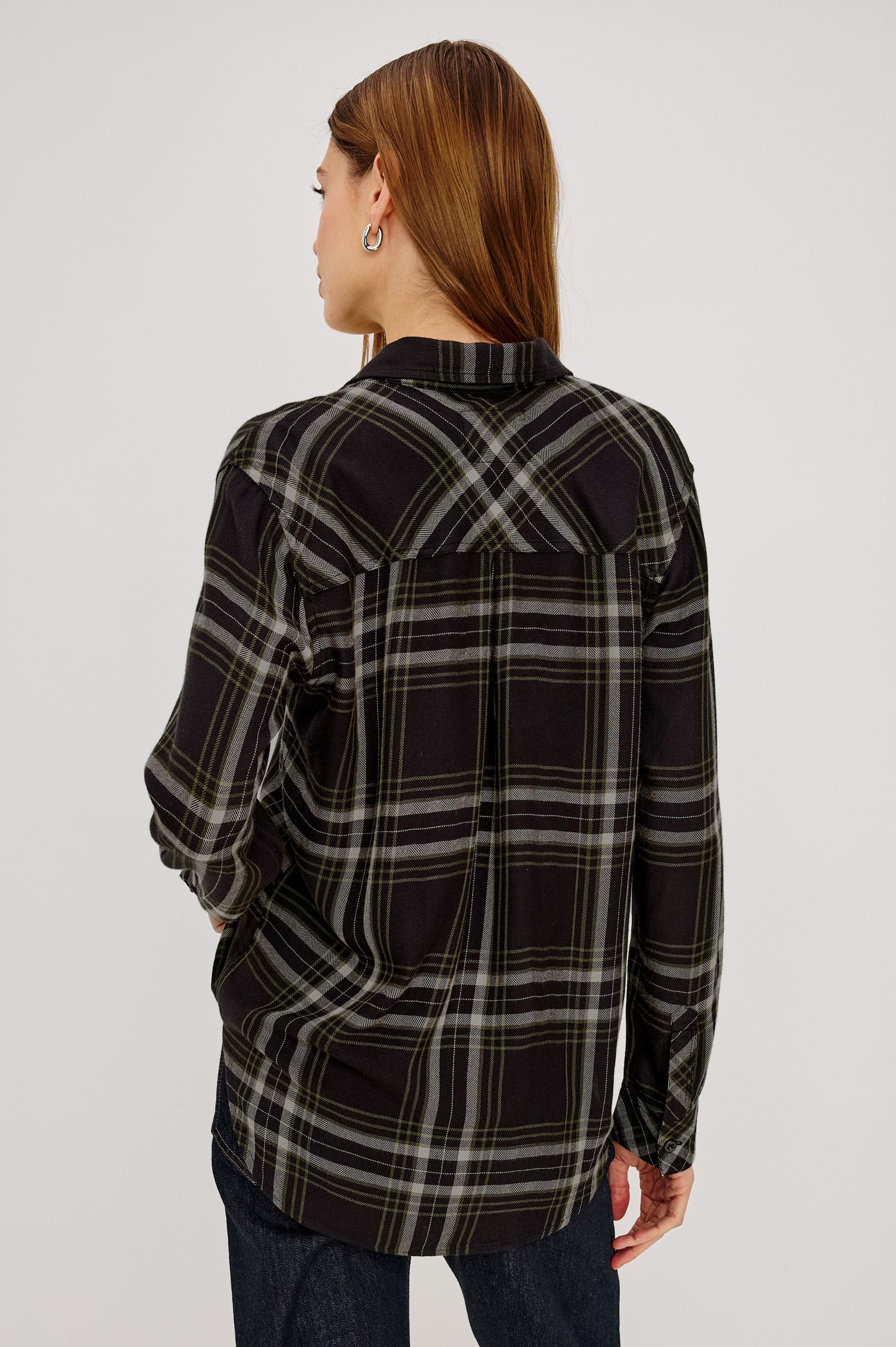 Hunter Button-Up Shirt in Signature Rayon with a Soft Cashmere Feel, Collar, Front Buttons, Chest Patch Pocket, and Long Sleeves in Iron Sky Colorway – Upper Body Back View Featured on Model