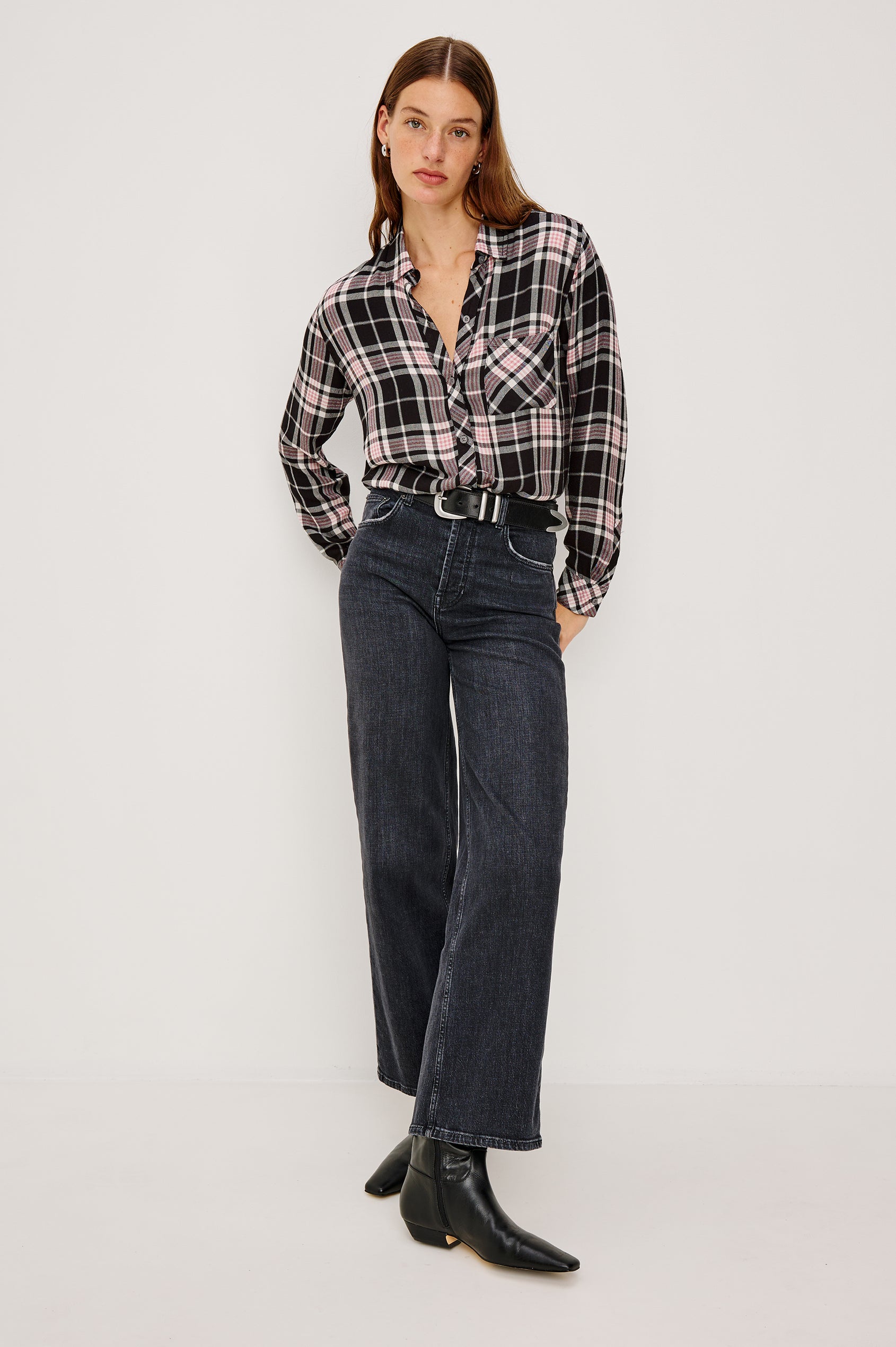 Hunter Long-Sleeve Button Up with a Chest Patch Pocket in Onyx Rose Gold Colorway, plaid  - Full Body Front View Featured on Model