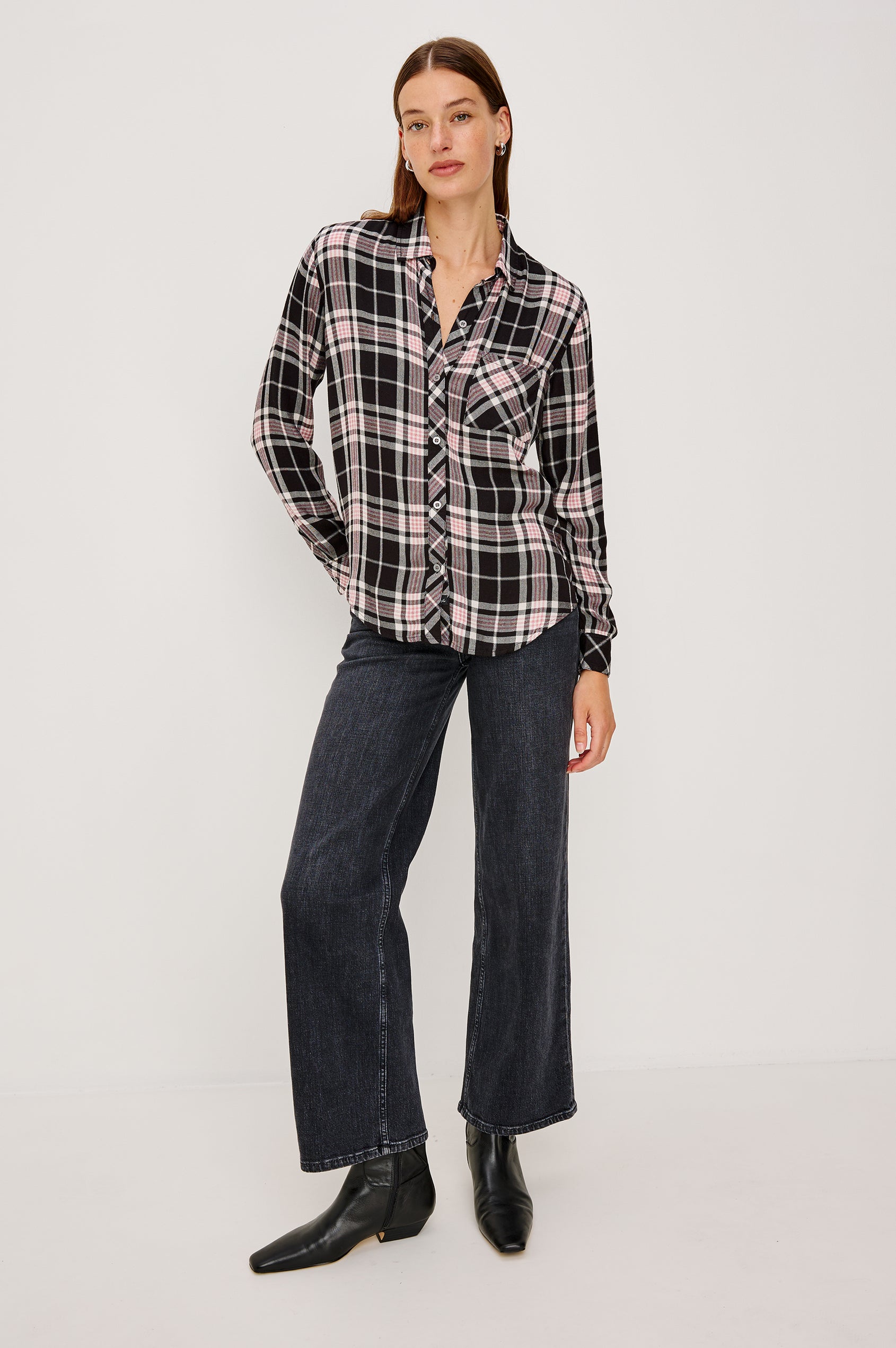 Hunter Long-Sleeve Button Up with a Chest Patch Pocket in Onyx Rose Gold Colorway, plaid  - Full Body Front View Featured on Model