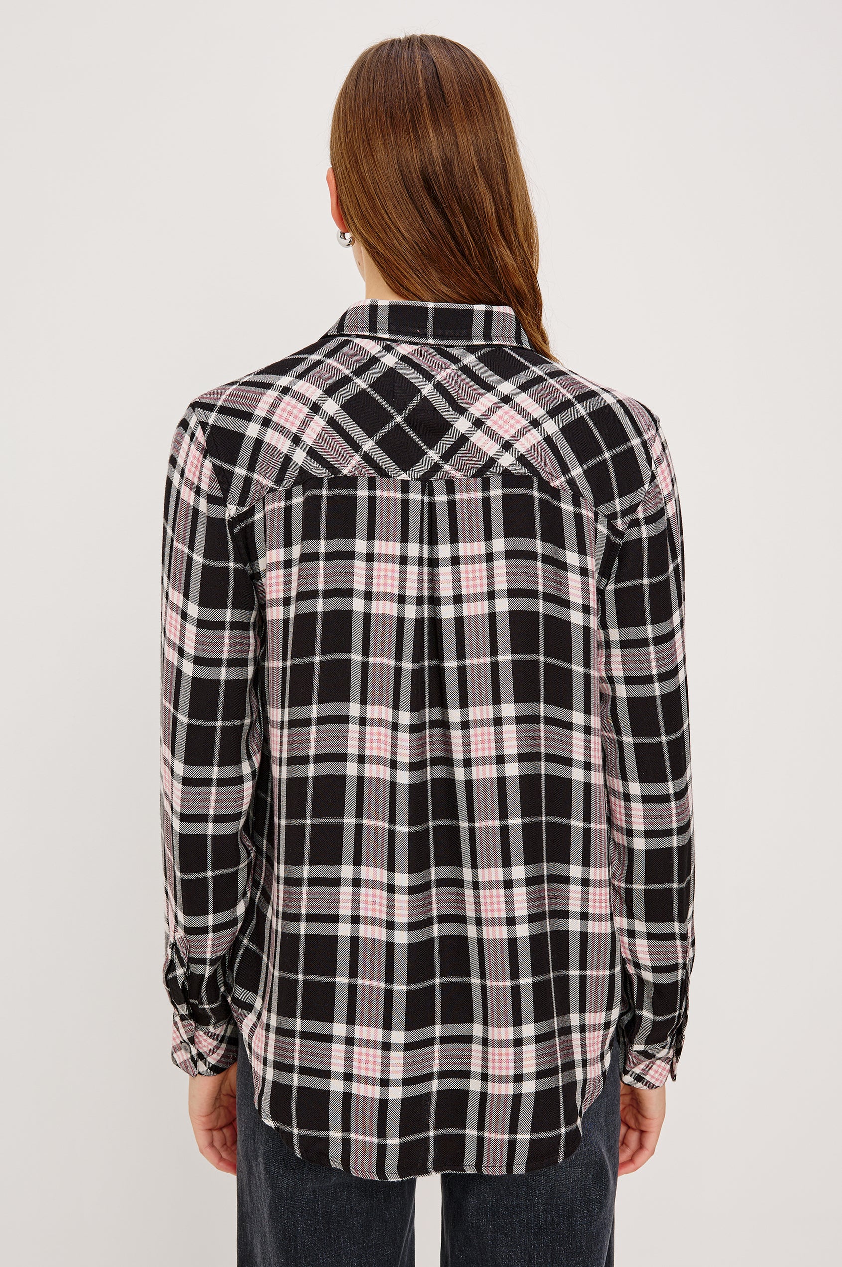 Hunter Long-Sleeve Button Up with a Chest Patch Pocket in Onyx Rose Gold Colorway, plaid  - Back View Featured on Model