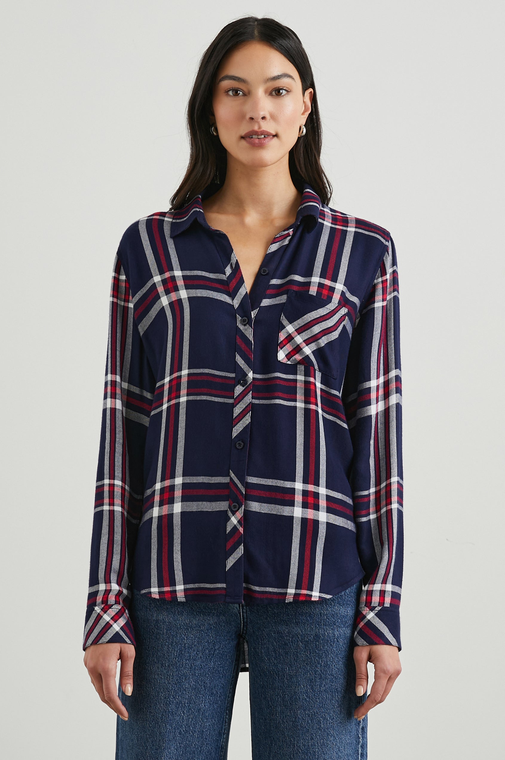 Hunter Long-Sleeve Button Up with a Chest Patch Pocket in Patriot Navy Red Colorway, plaid - Front View Featured on Model
