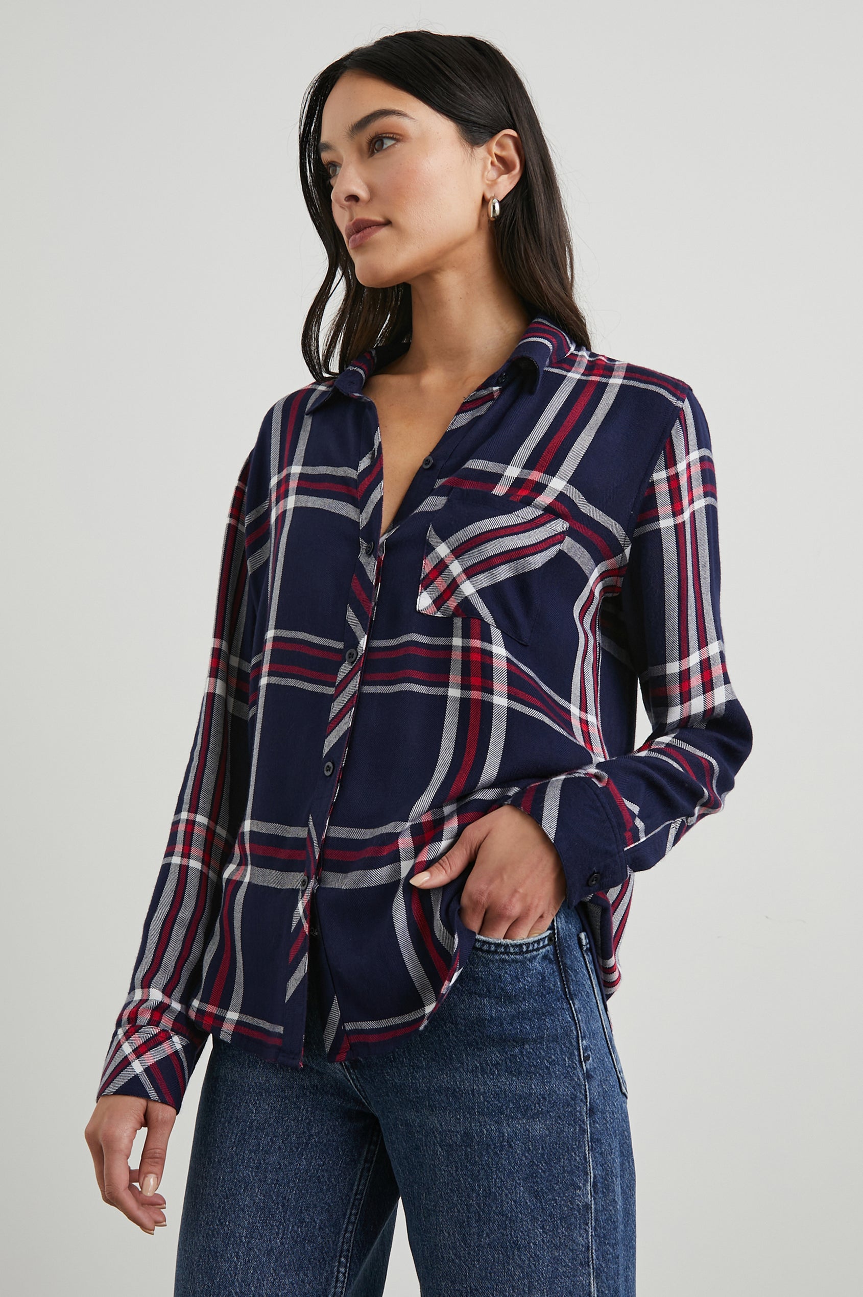Hunter Long-Sleeve Button Up with a Chest Patch Pocket in Patriot Navy Red Colorway, plaid - Front View Featured on Model