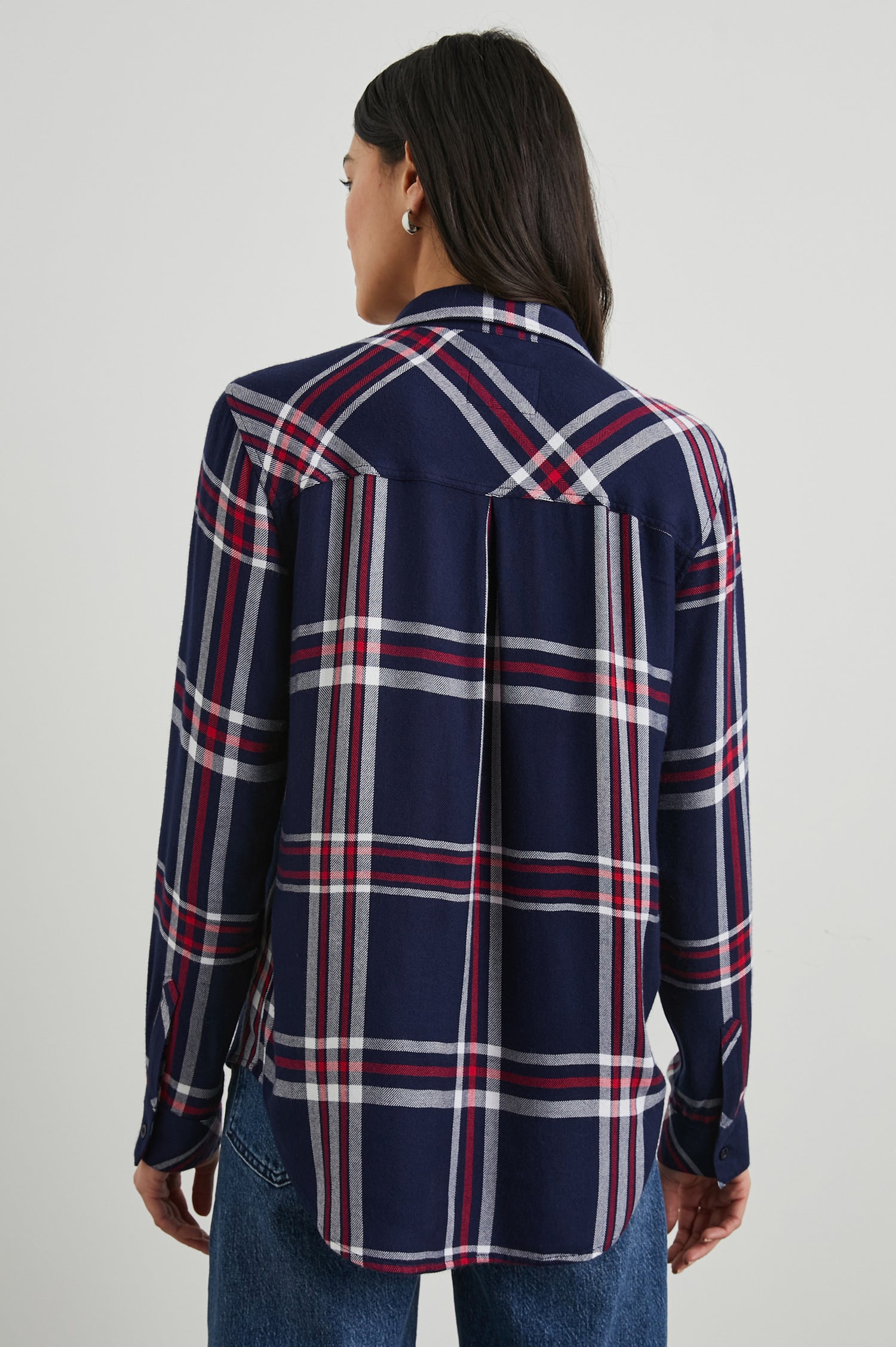 Hunter Long-Sleeve Button Up with a Chest Patch Pocket in Patriot Navy Red Colorway, plaid - Back View Featured on Model