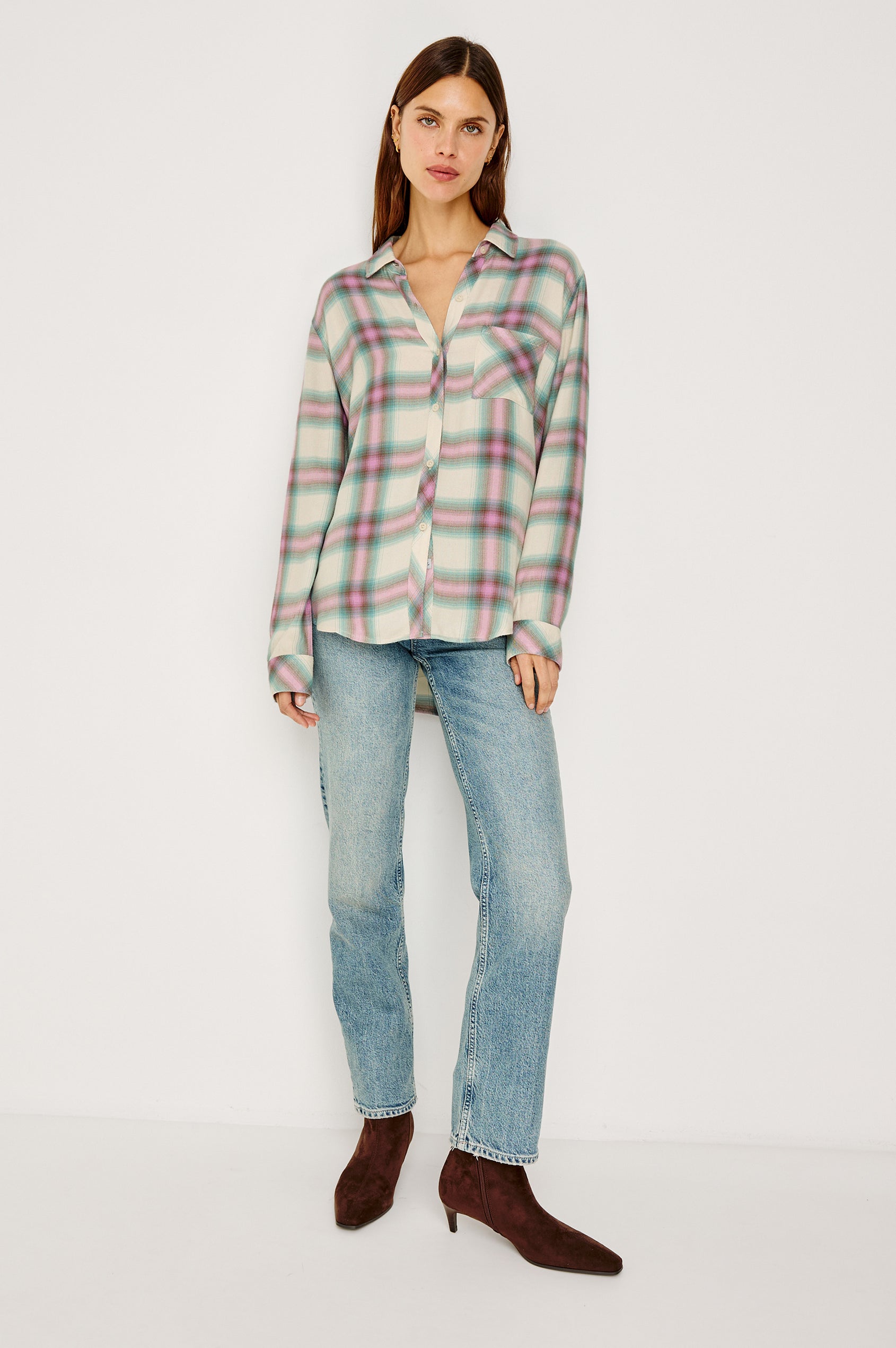 Hunter Button-Up Shirt in Signature Rayon With Collar, Front Buttons, Chest Patch Pocket, and Long Sleeves in Periwinkle Blue Plaid Colorway - Full Body Front View Featured on Model