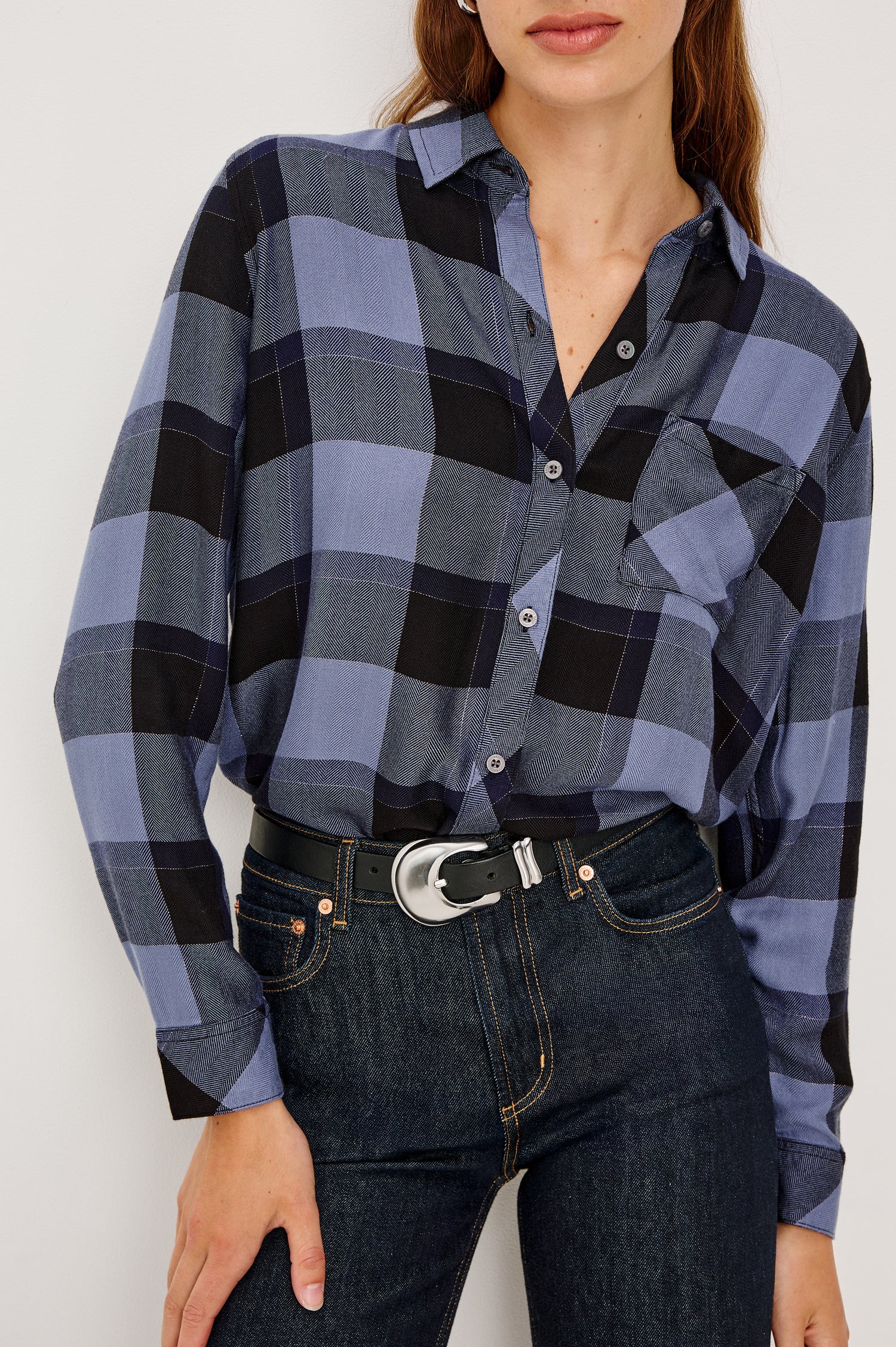 Hunter Long-Sleeve Button Up with a Chest Patch Pocket in Periwinkle Navy Silver Lurex Colorway, plaid  - Close up View Featured on Model