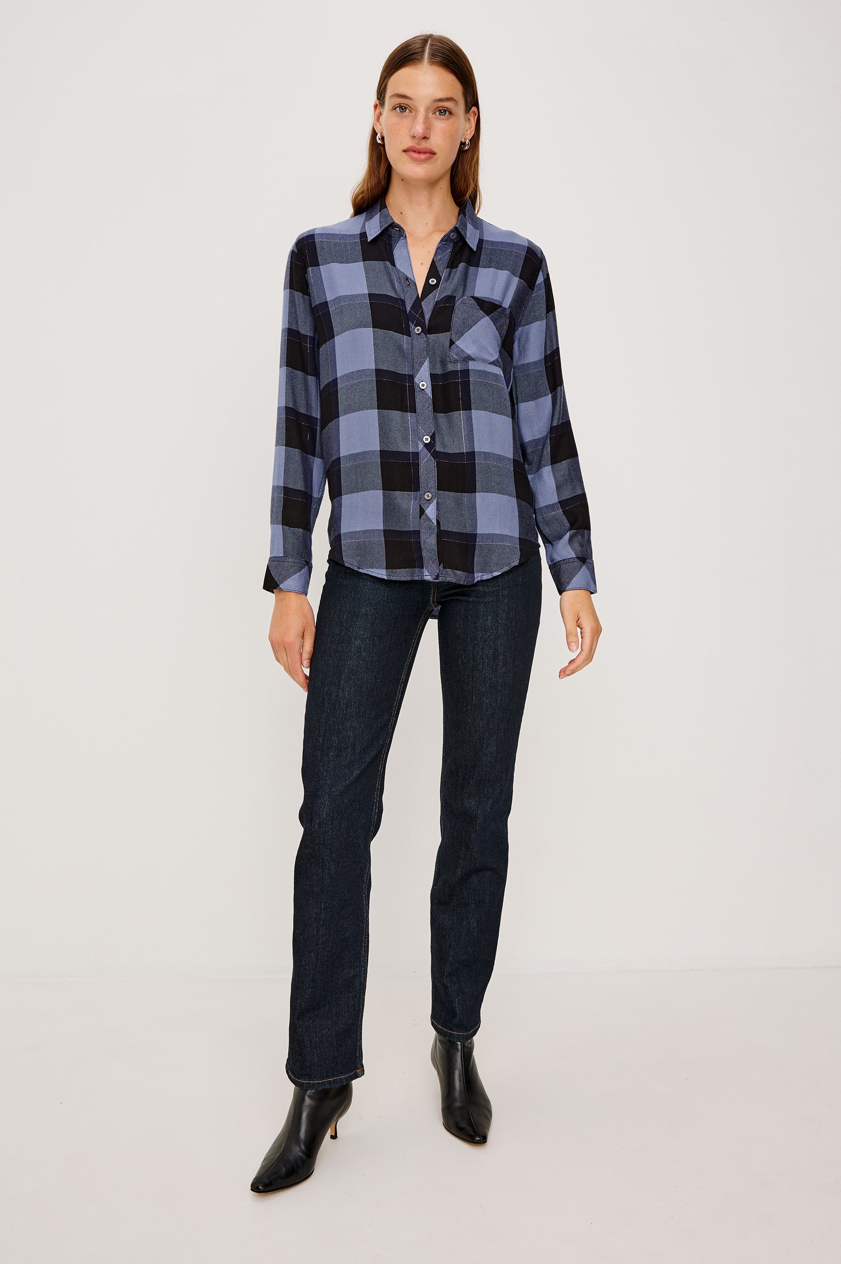 Hunter Long-Sleeve Button Up with a Chest Patch Pocket in Periwinkle Navy Silver Lurex Colorway, plaid  - Full Body Front View Featured on Model