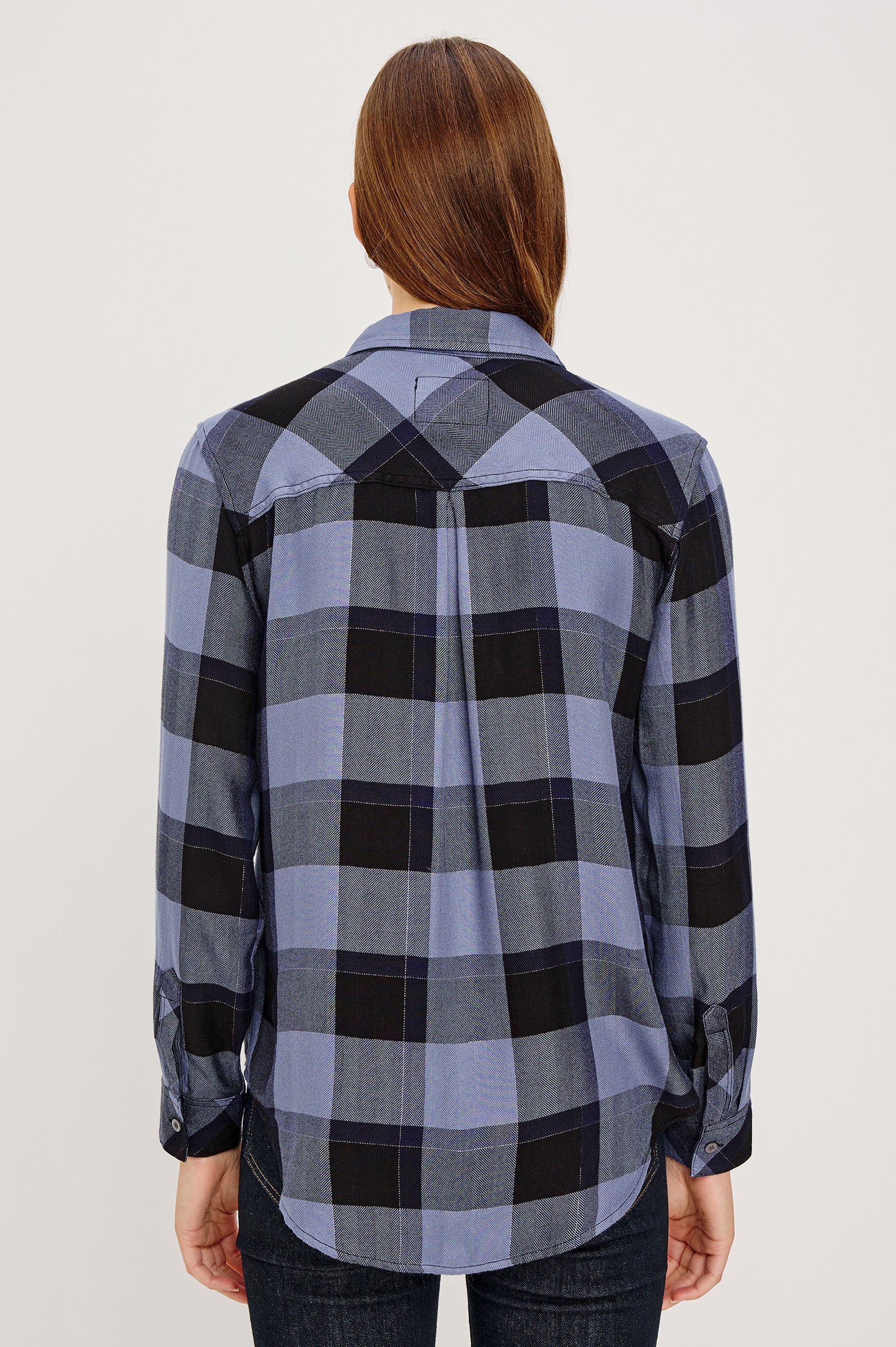 Hunter Long-Sleeve Button Up with a Chest Patch Pocket in Periwinkle Navy Silver Lurex Colorway, plaid  - Back View Featured on Model