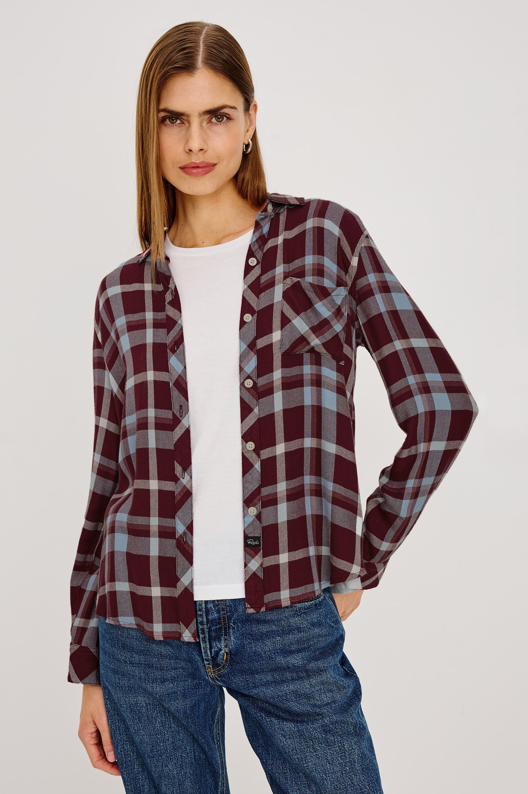 Hunter Button-Up Plaid Shirt in Signature Soft Rayon With Loose Twill Weave, With Collar and Long Sleeves in Plum Cream Colorway - Upper Body Front View Featured on Model