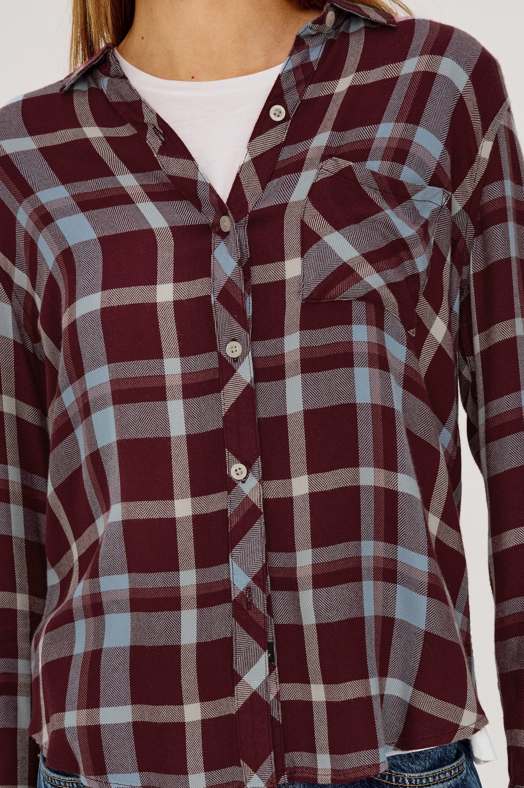 Hunter Button-Up Plaid Shirt in Signature Soft Rayon With Loose Twill Weave, With Collar and Long Sleeves in Plum Cream Colorway - Upper Body Front View Featured on Model