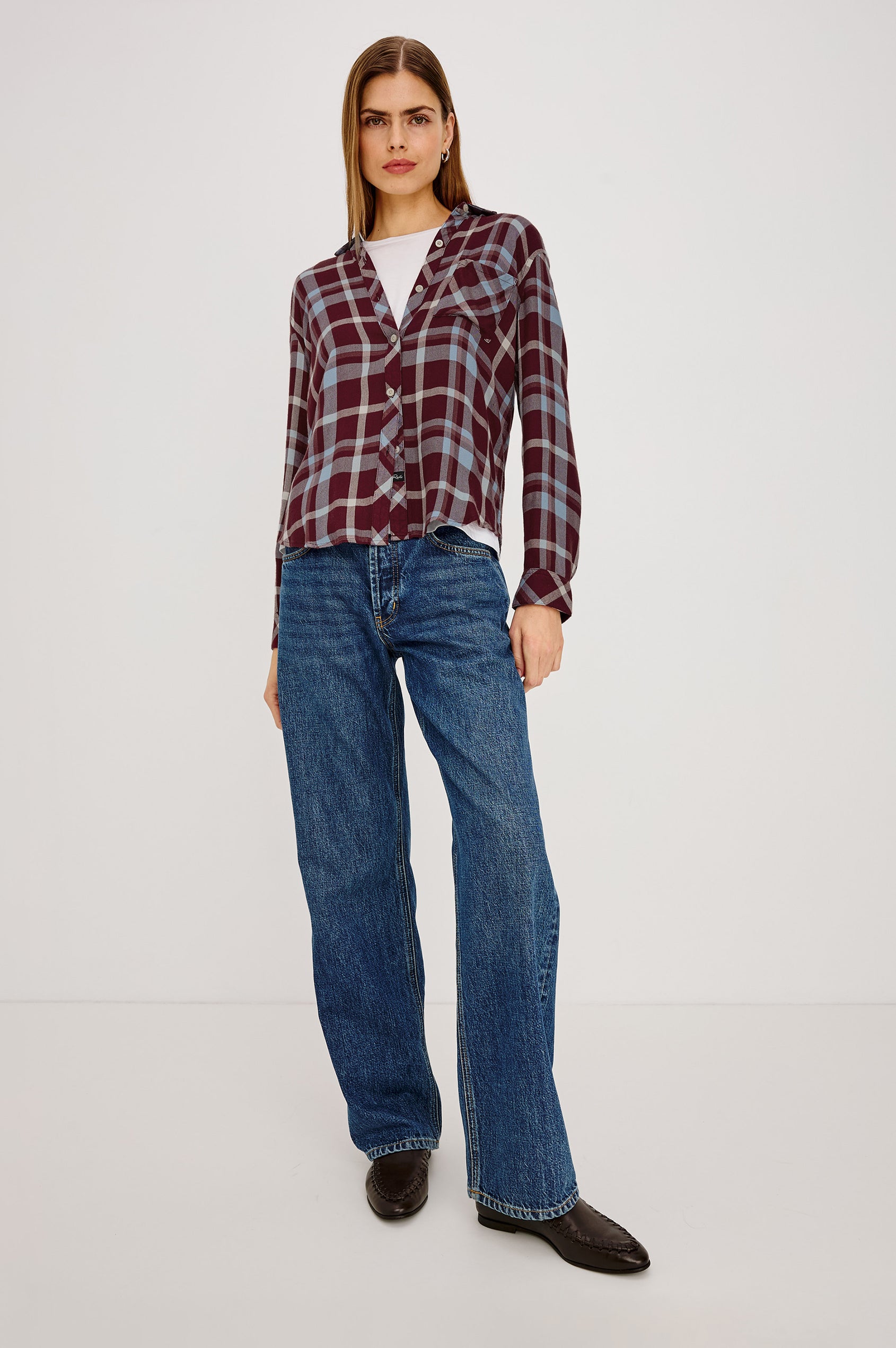 Hunter Button-Up Plaid Shirt in Signature Soft Rayon With Loose Twill Weave, With Collar and Long Sleeves in Plum Cream Colorway - Full Body Front View Featured on Model