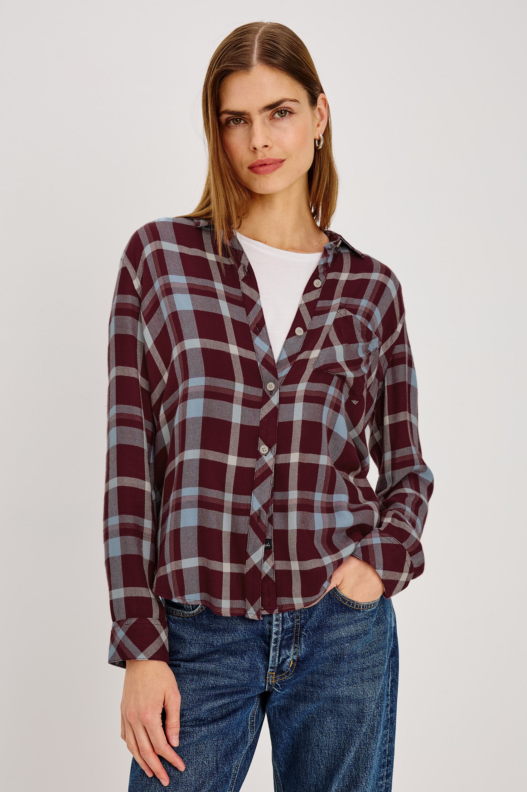 Hunter Button-Up Plaid Shirt in Signature Soft Rayon With Loose Twill Weave, With Collar and Long Sleeves in Plum Cream Colorway - Upper Body Front View Featured on Model