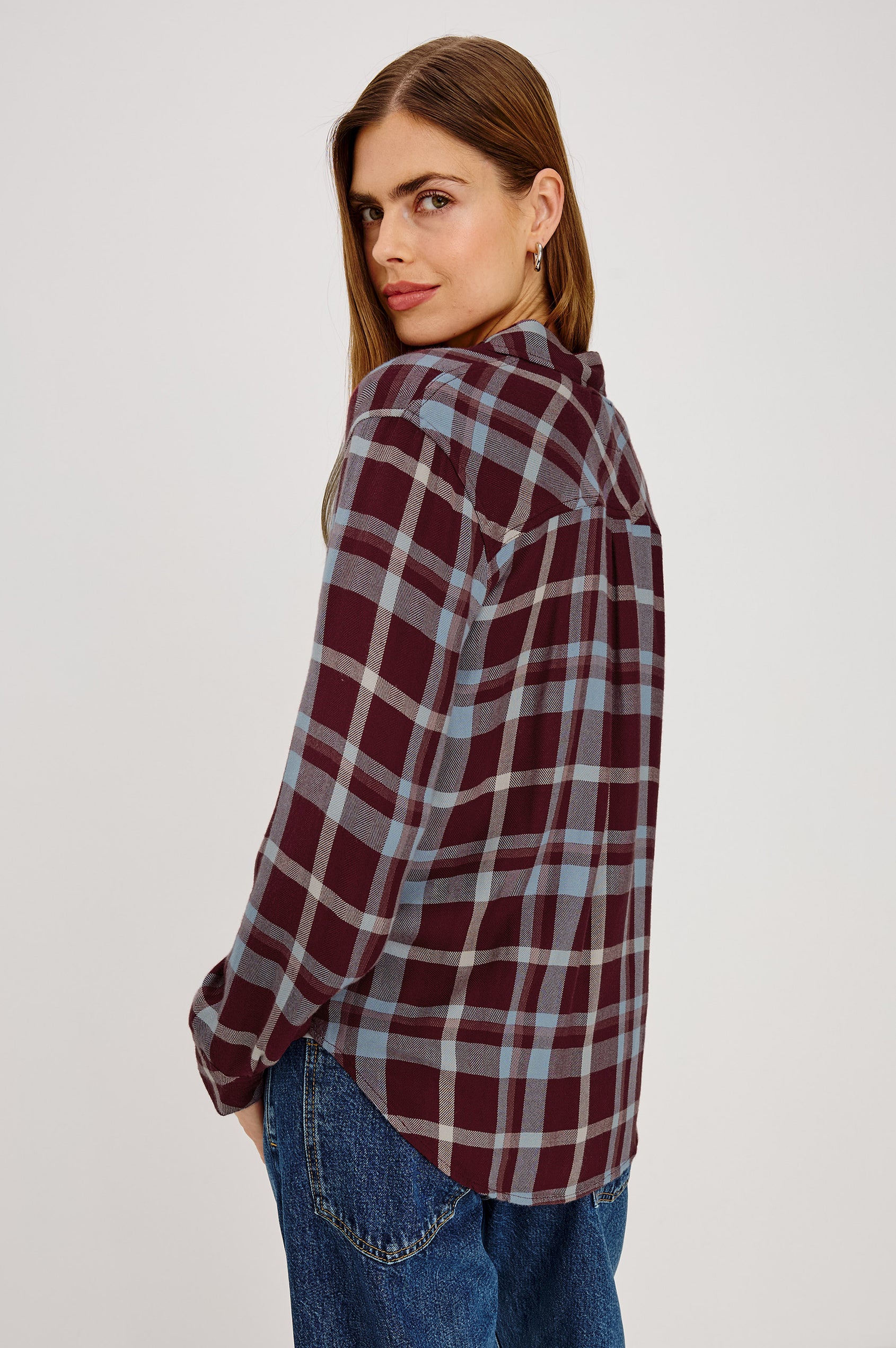Hunter Button-Up Plaid Shirt in Signature Soft Rayon With Loose Twill Weave, With Collar and Long Sleeves in Plum Cream Colorway - Upper Body Side View Featured on Model