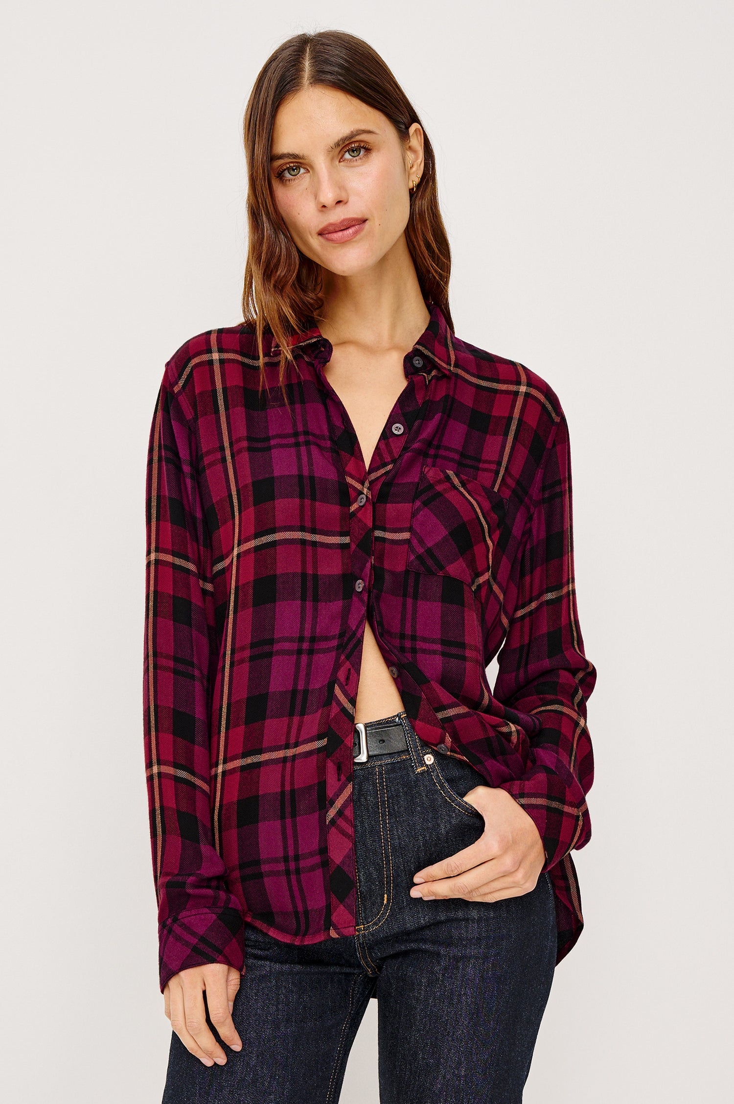 Hunter Button-Up Shirt in Signature Rayon With Collar, Front Buttons, Chest Patch Pocket, and Long Sleeves in Plum Merlot Plaid Colorway - Upper Body Front View Featured on Model