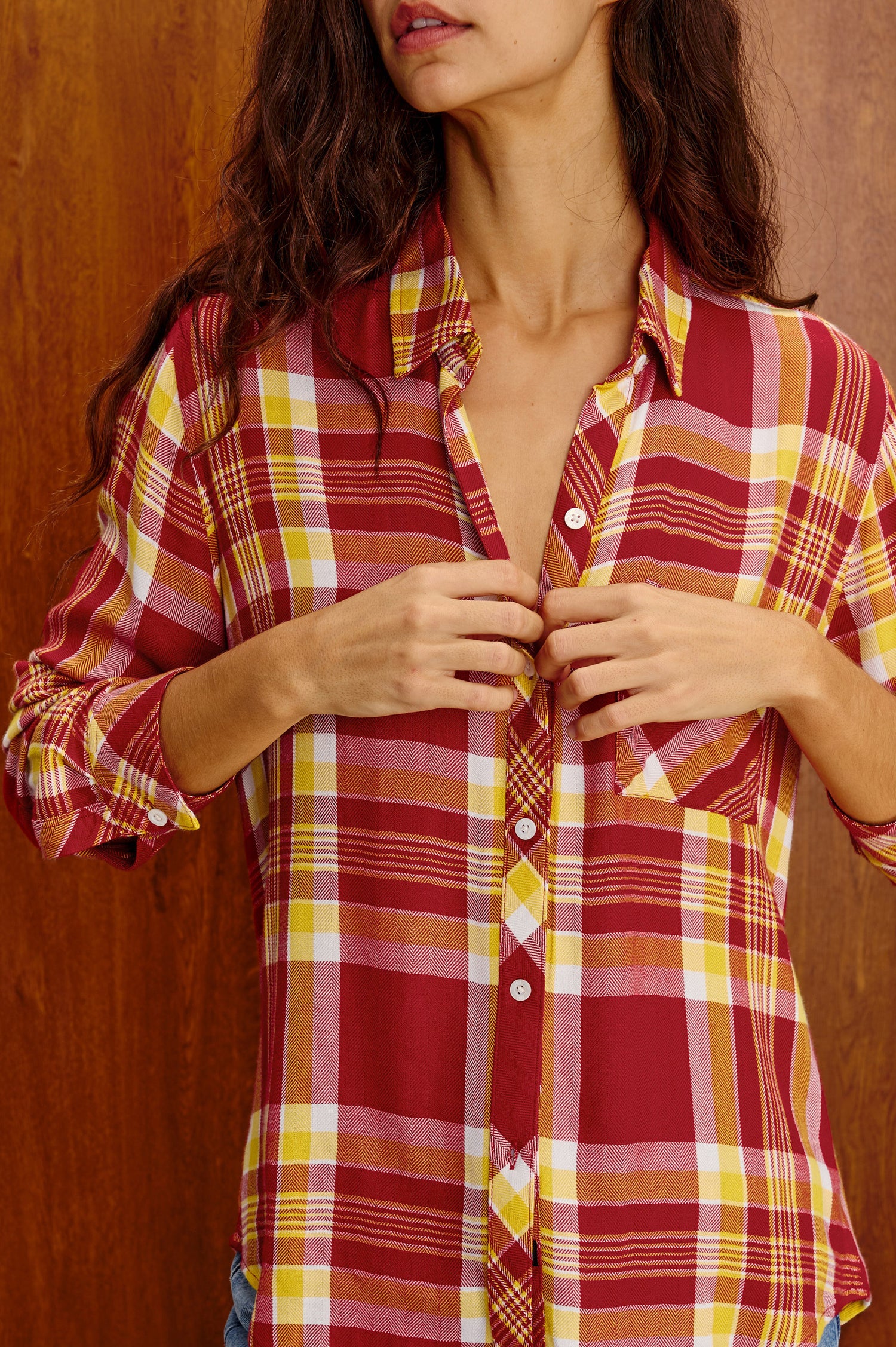 Hunter Plaid Button-Up Shirt in Signature Soft Rayon With Cashmere-Like Feel, Collar, Chest Patch Pocket, and Long Sleeves in Rally Red Colorway - Upper Body Front View Featured on Model