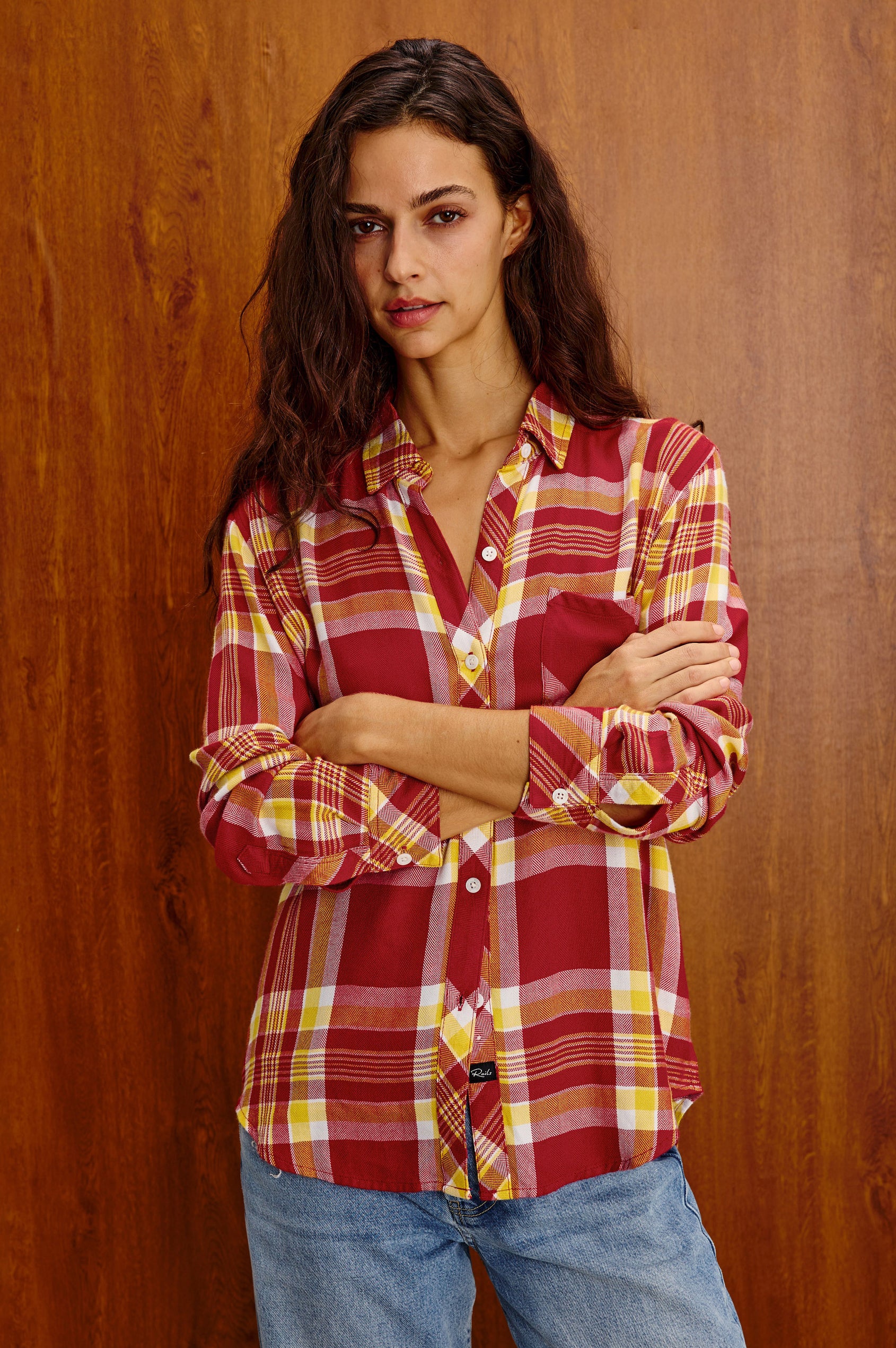 Hunter Plaid Button-Up Shirt in Signature Soft Rayon With Cashmere-Like Feel, Collar, Chest Patch Pocket, and Long Sleeves in Rally Red Colorway - Upper Body Front View Featured on Model