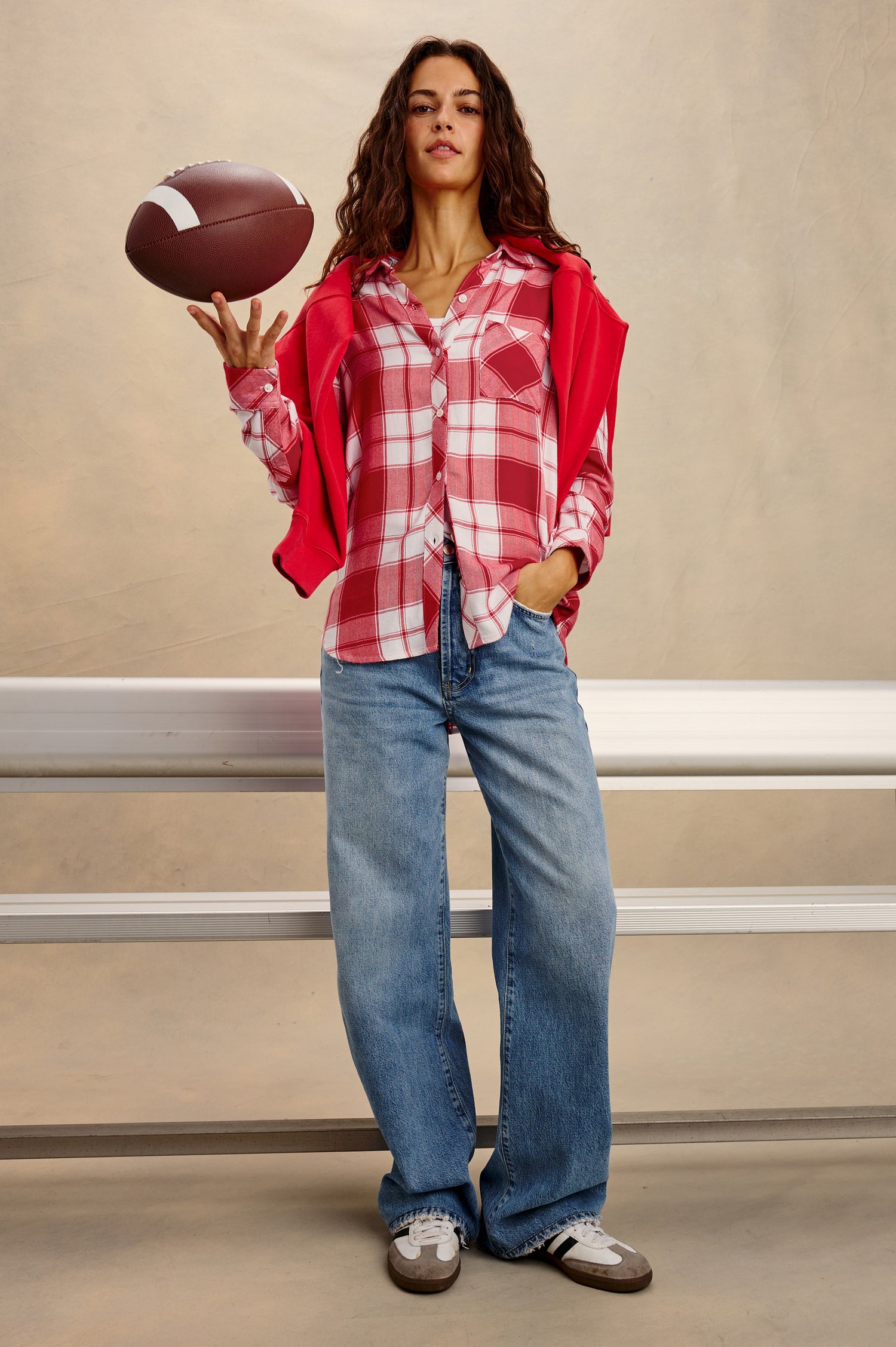 Hunter Plaid Button-Up Shirt in Signature Soft Rayon With Cashmere-Like Feel, Collar, Chest Patch Pocket, and Long Sleeves in Rivalry Red Colorway - Full Body Front View Featured on Model