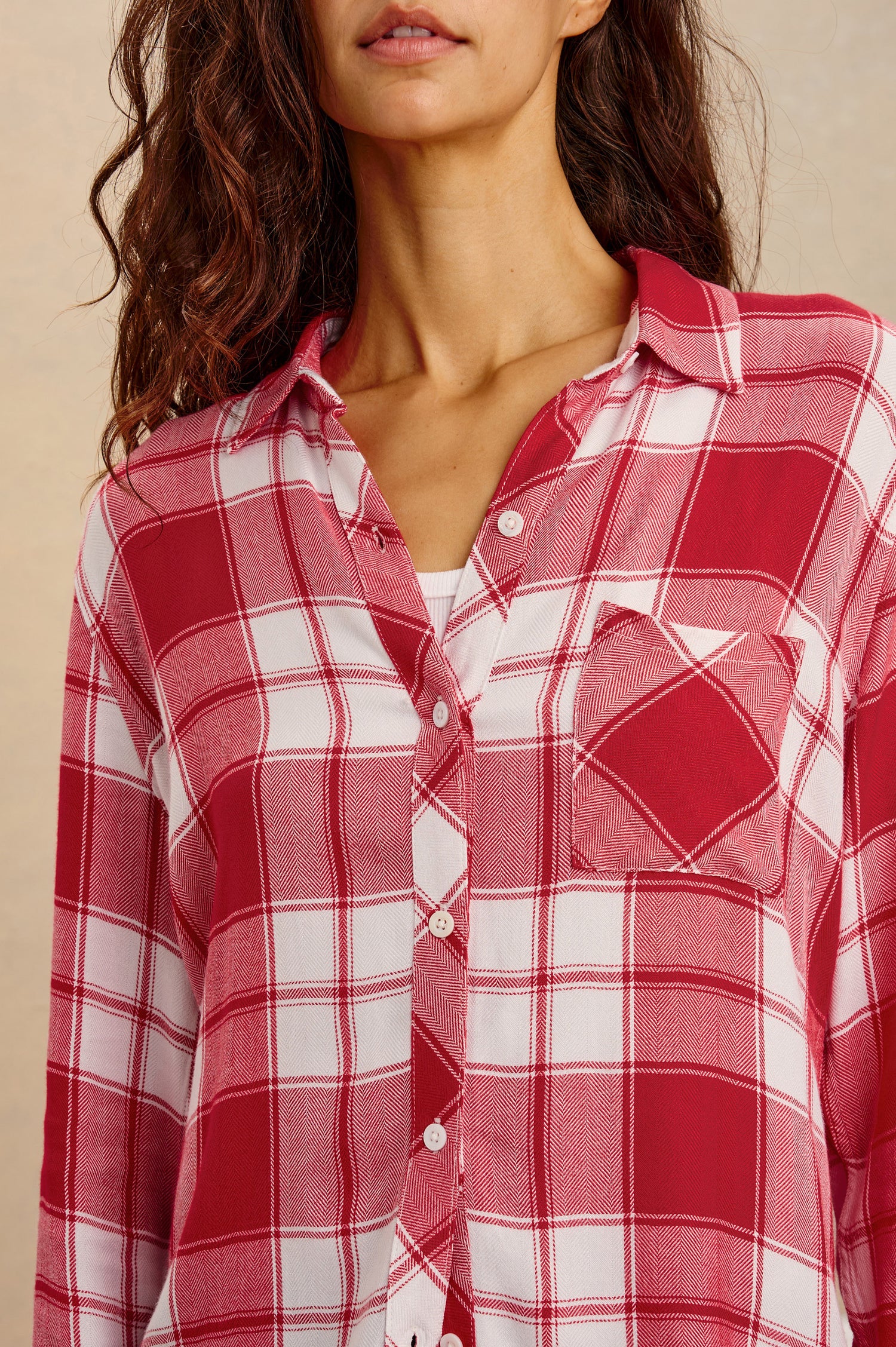 Hunter Plaid Button-Up Shirt in Signature Soft Rayon With Cashmere-Like Feel, Collar, Chest Patch Pocket, and Long Sleeves in Rivalry Red Crimson Colorway - Upper Body Front Close Up View Featured on Model