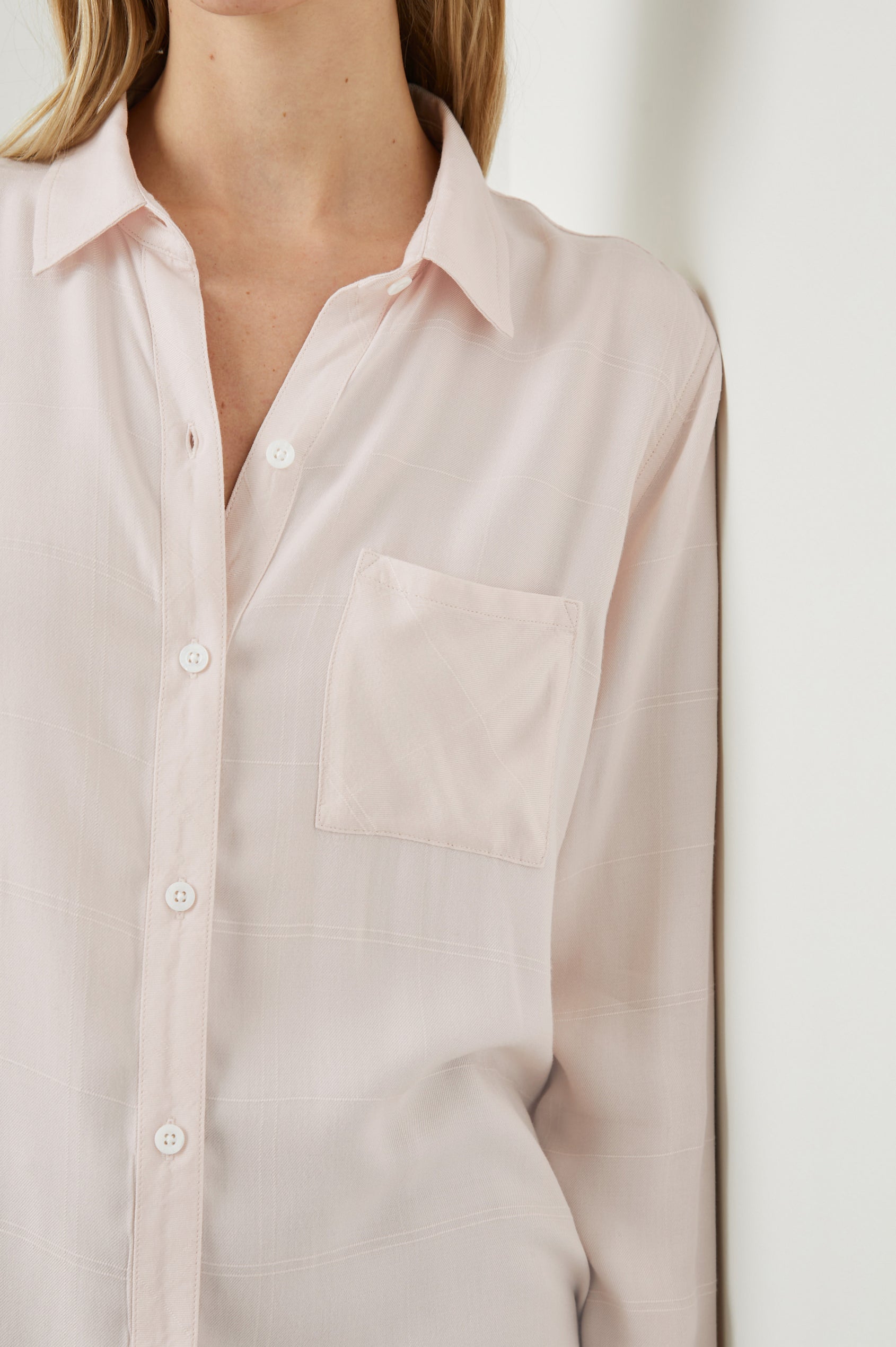 Hunter Long-Sleeve Button Up with a Chest Patch Pocket in Rosewater Colorway - Front View Featured on Model