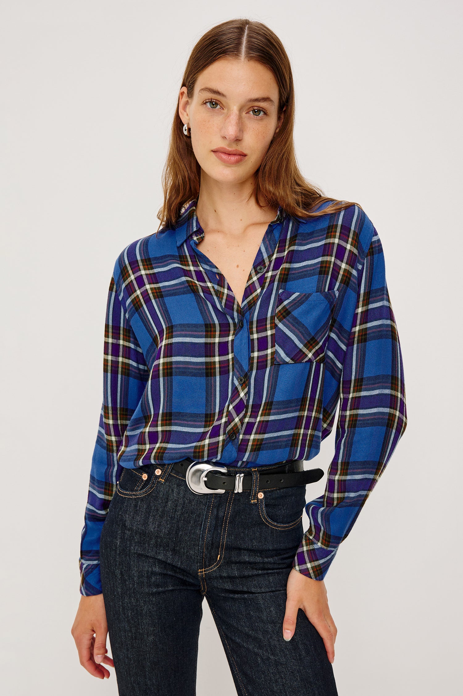 Hunter Long-Sleeve Button Up with a Chest Patch Pocket in Sapphire Indigo Colorway, plaid - Front View Featured on Model
